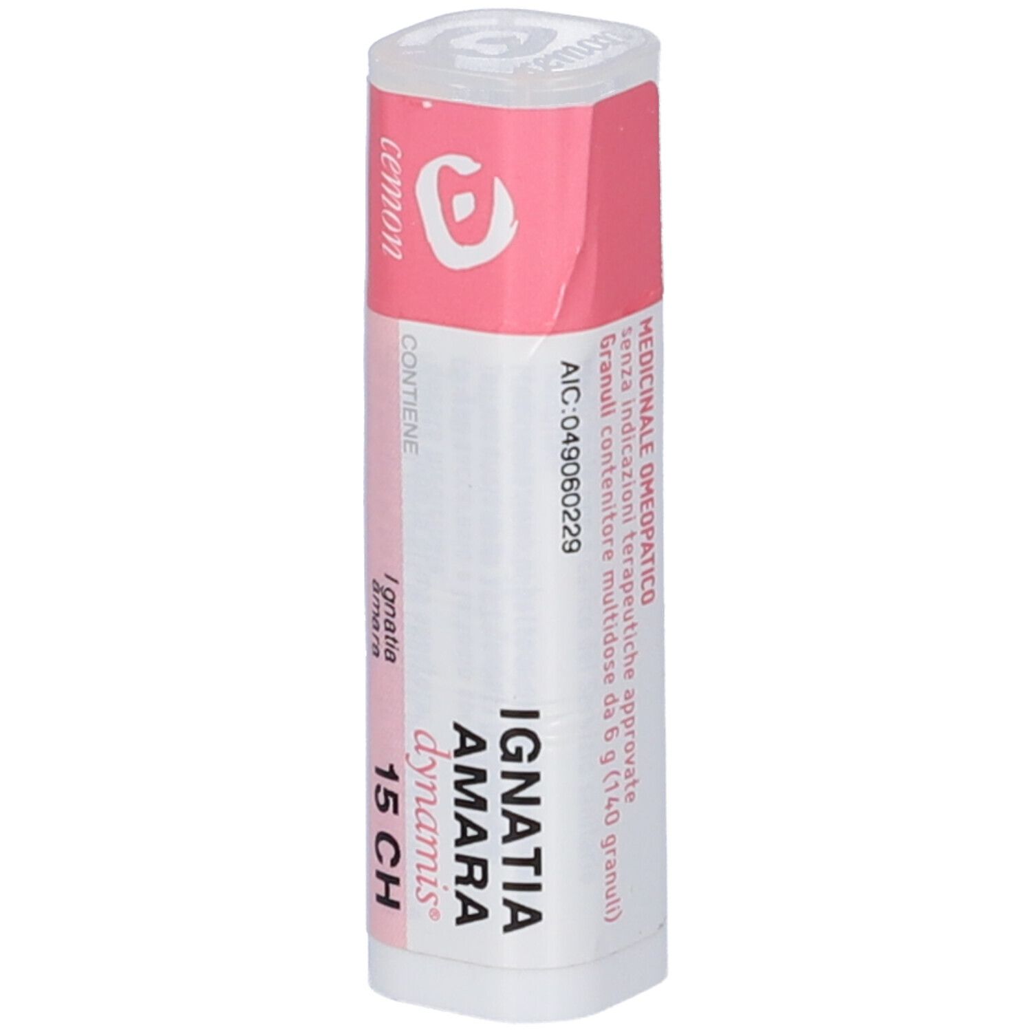 Flacone cilindrico bianco con fascia rosa. Scritta: Ignatia Amara Dynamis 15 CH. Logo del produttore. Prodotto medico.