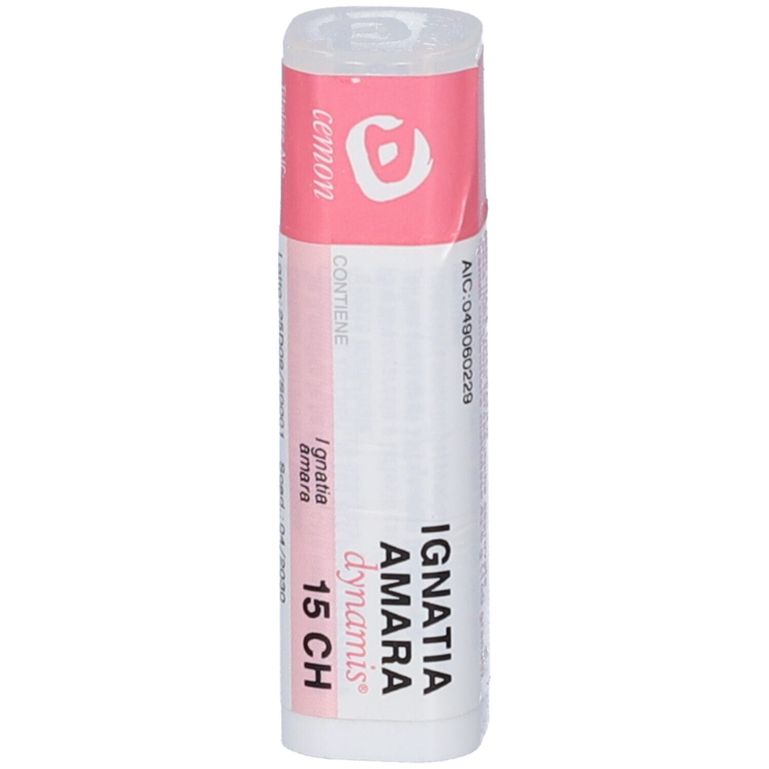 Flacone cilindrico bianco con fascia rosa. Scritta: Ignatia Amara Dynamis 15 CH. Logo del produttore. Scadenza 04/2030.