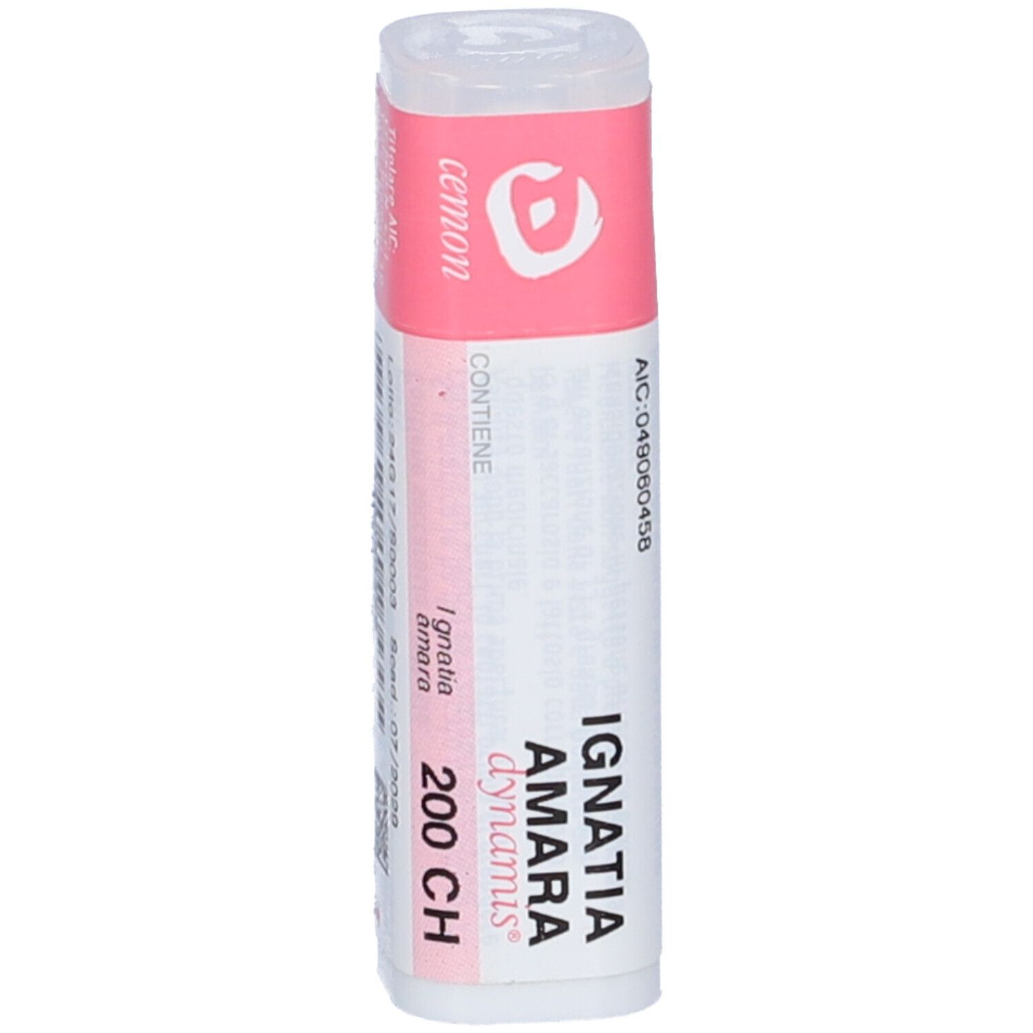 Flacone cilindrico bianco con etichetta rosa. Nome del prodotto e informazioni. Tappo trasparente.