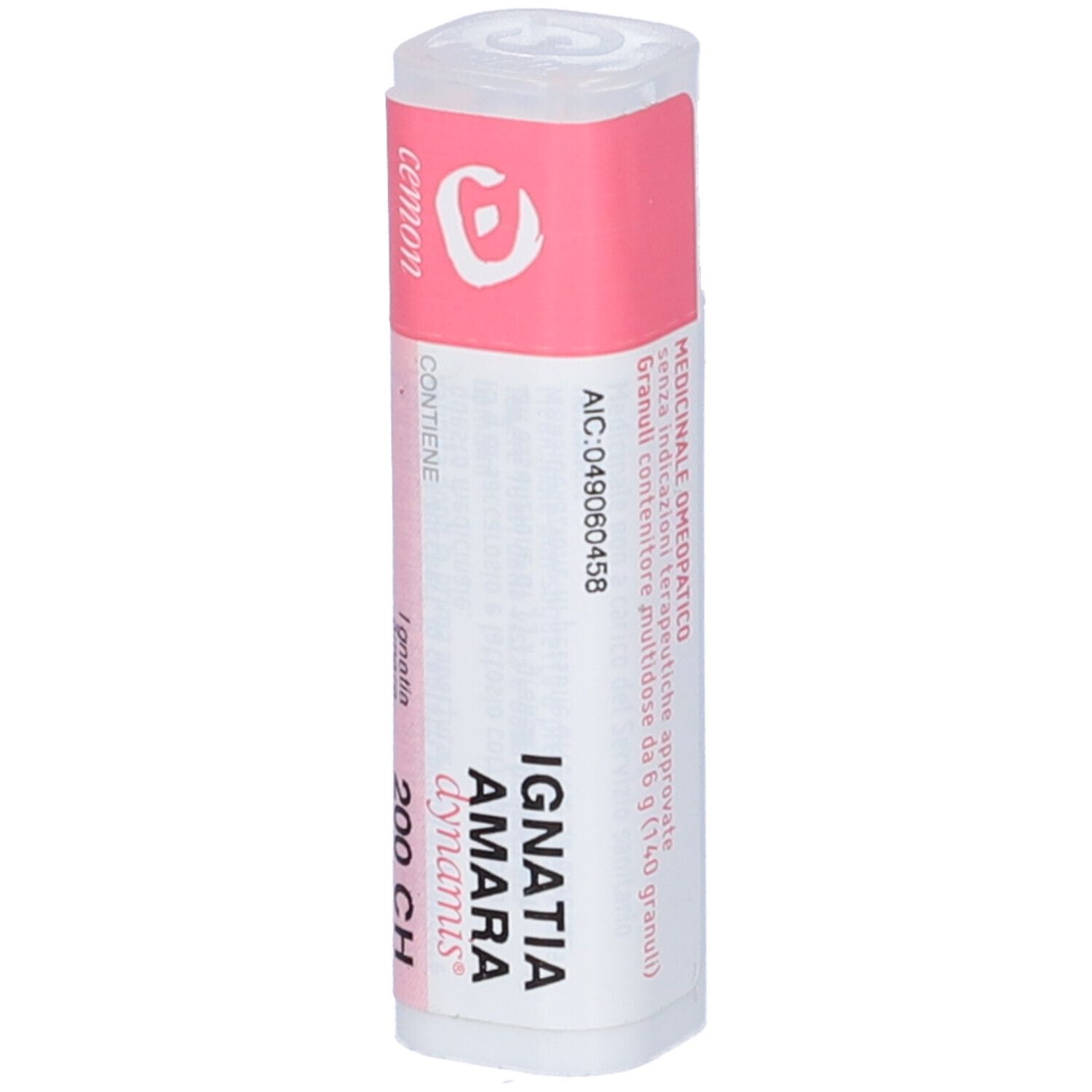 Flacone bianco con etichetta rosa. Nome del prodotto, informazioni e indicazioni di approvazione. Tappo trasparente.