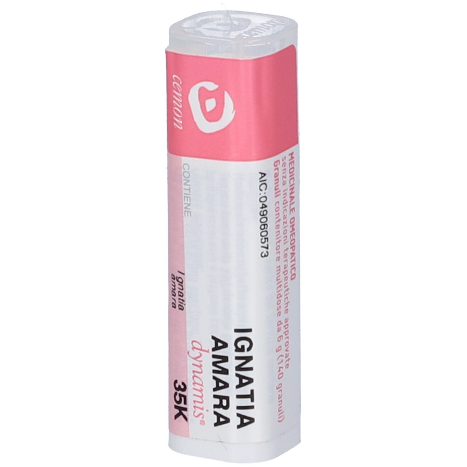 Flacone cilindrico bianco con etichetta rosa. Scritta: Ignatia amara dynamis 35K. Marchio: Cemon. Coperchio trasparente.