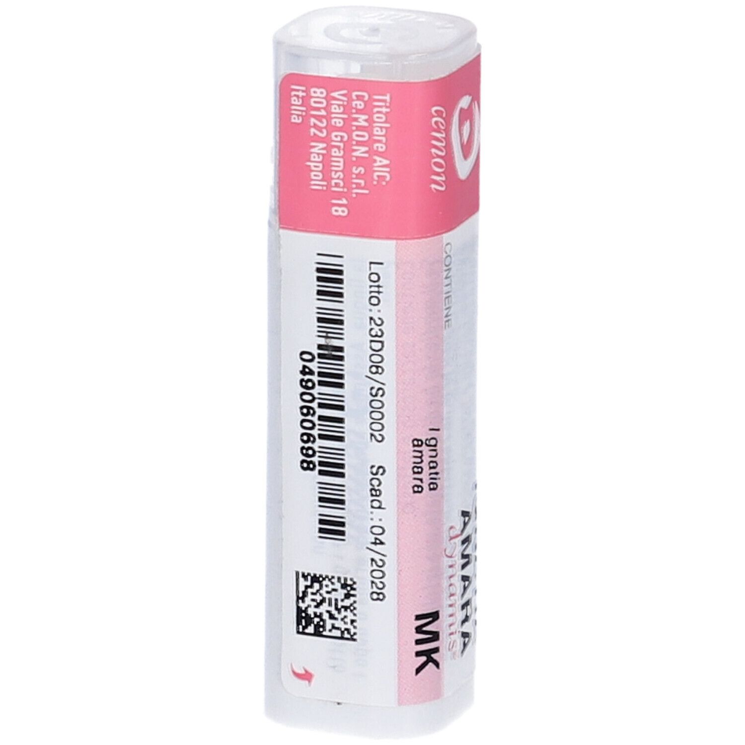 Confezione cilindrica con etichetta rosa. Scritta: Ignatia Amara Dynamis MK. Contiene granuli. Numero di lotto e scadenza.