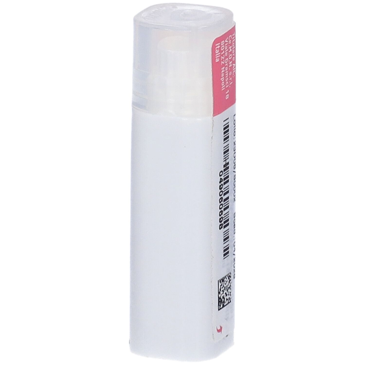 Confezione cilindrica bianca con etichetta rosa. Contiene granuli. Informazioni del produttore e codice a barre.