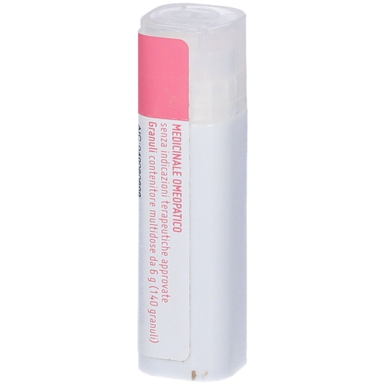 Confezione cilindrica bianca con etichetta rosa. Scritta: Medicinale. Contiene granuli. Informazioni del produttore.