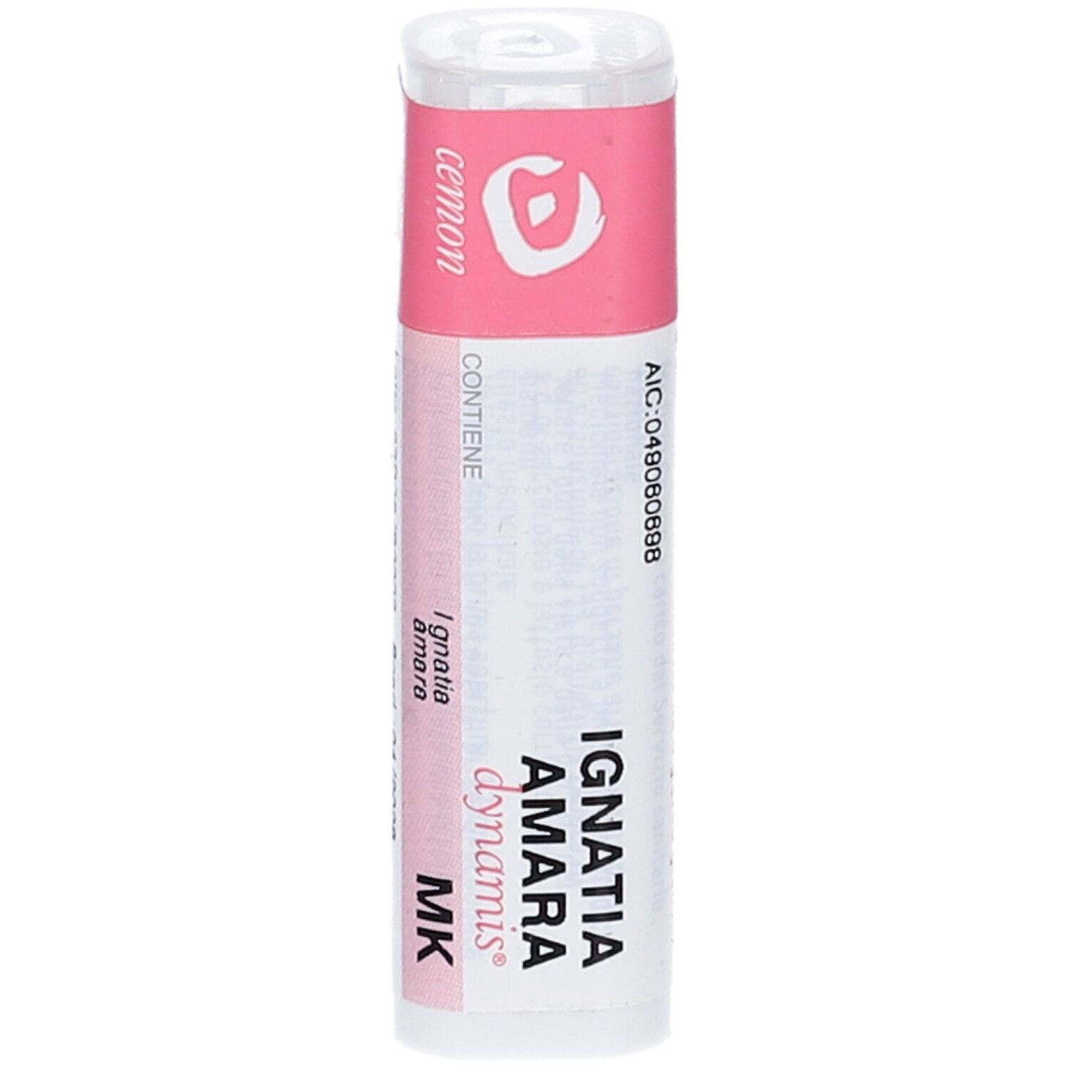 Confezione cilindrica con etichetta rosa. Scritta: Ignatia Amara Dynamis MK. Contiene granuli. Produttore: Cemon.
