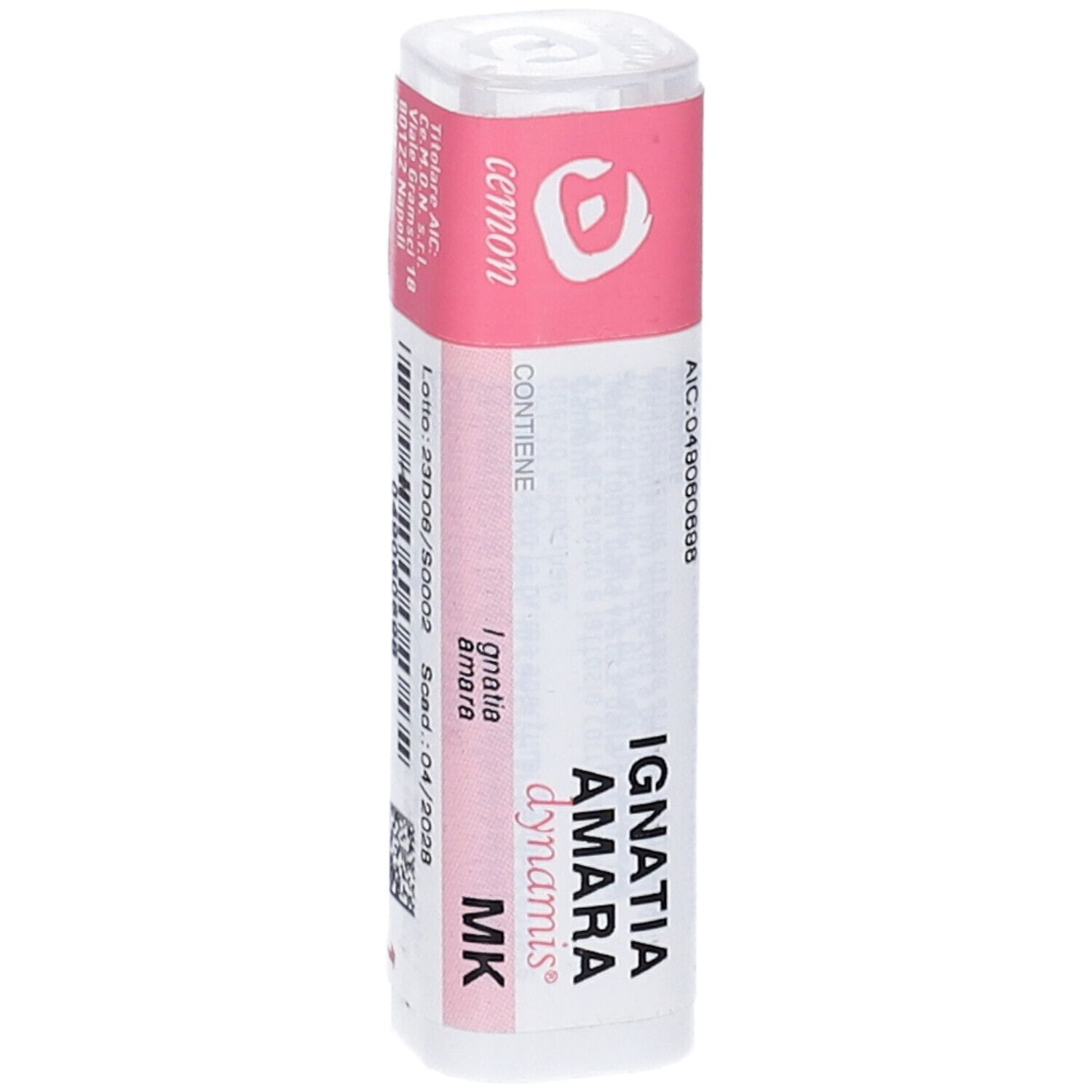 Confezione cilindrica con etichetta rosa. Scritta: Ignatia Amara Dynamis MK. Contiene granuli. Numero di lotto e scadenza.