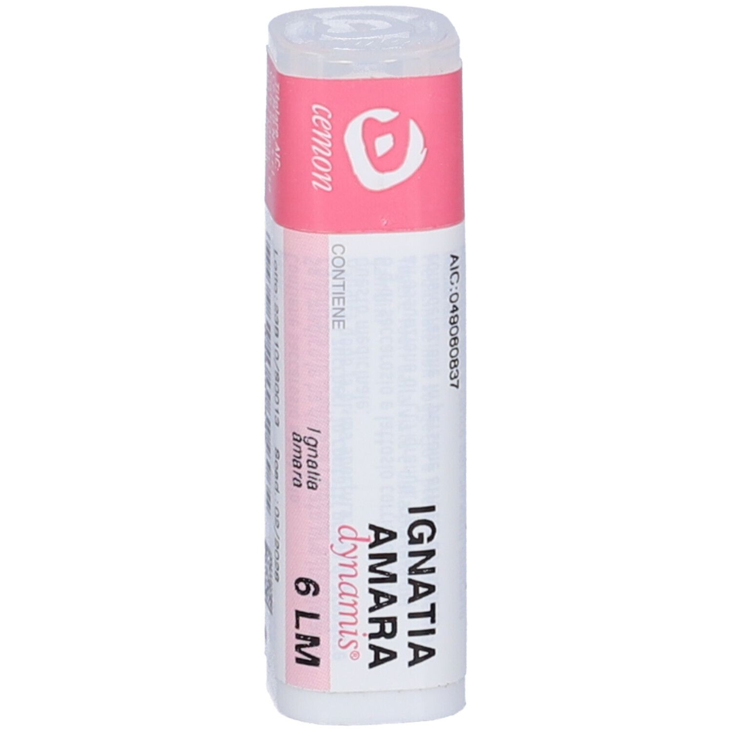 Flacone cilindrico bianco con etichetta rosa. Scritta: Ignatia Amara Dynamis 6 LM. Marchio Cemon. Contiene granuli.