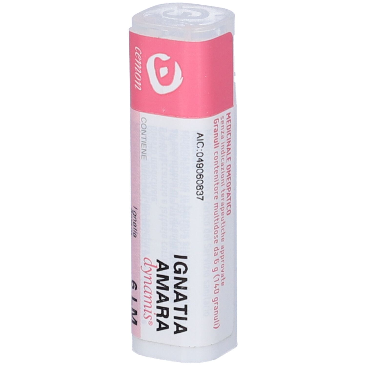 Flacone bianco con etichetta rosa. Testo: Ignatia Amara Dynamis 6 LM. Marchio Cemon. Contiene granuli. Contenitore multidose.