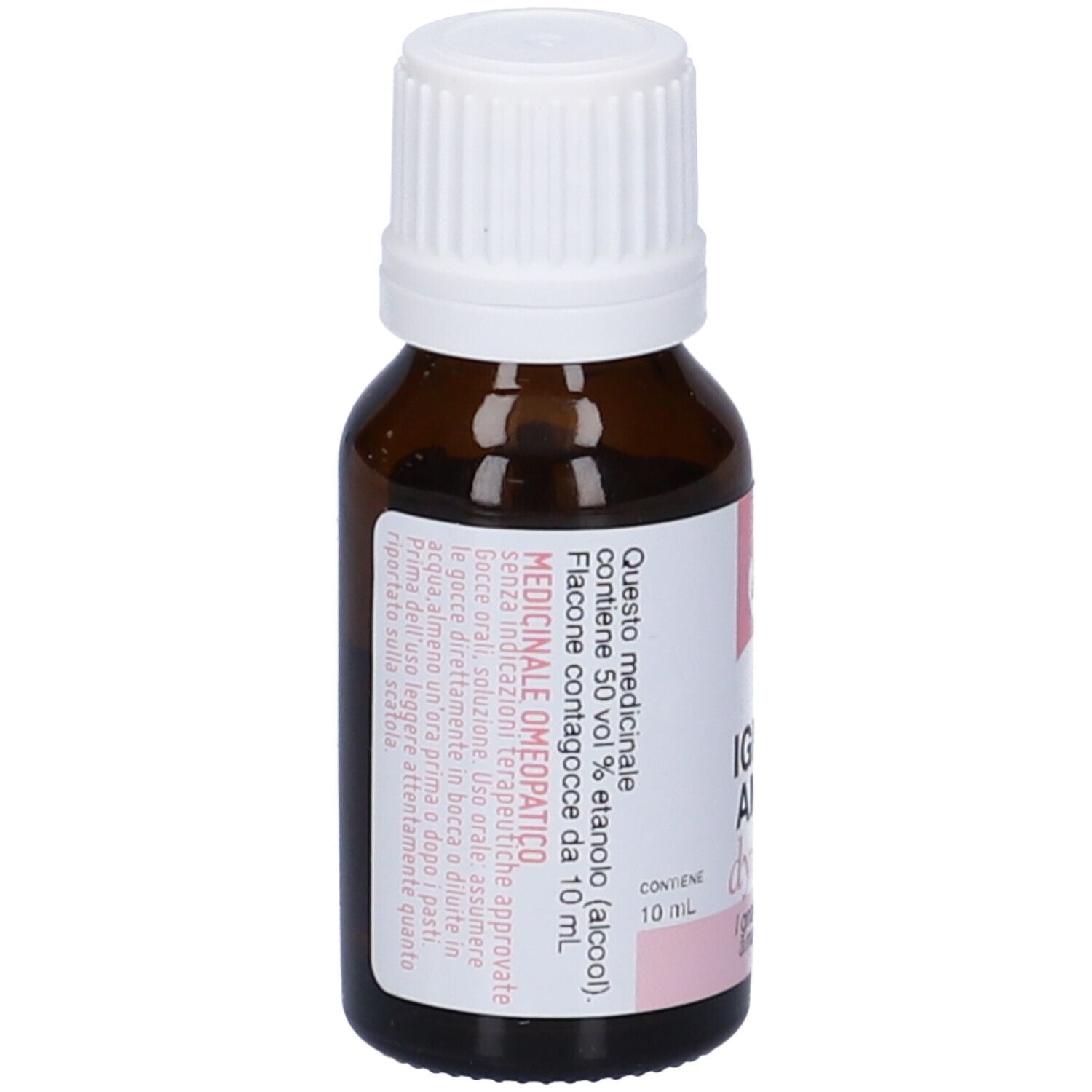 Flacone di vetro marrone con tappo bianco. Etichetta con testo e accenti rosa. Contiene 10 ml.