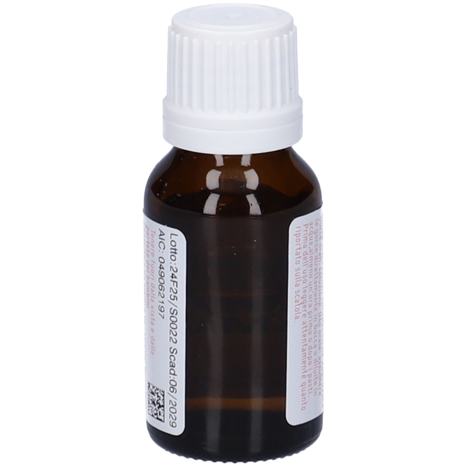 Flacone di vetro marrone con tappo bianco. Etichetta con testo e accenti rosa. Contiene 10 ml.