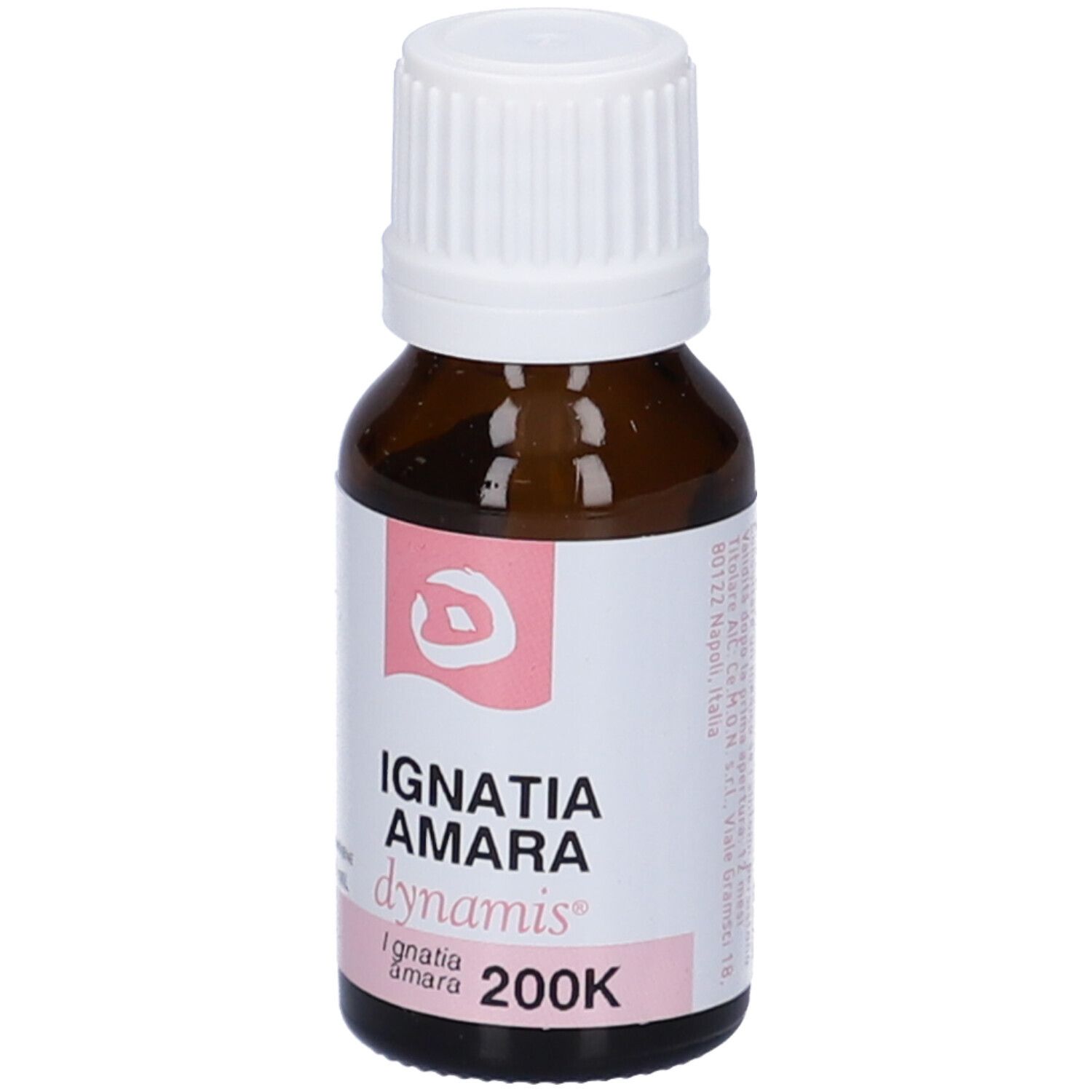 Flacone di vetro marrone con tappo bianco. Etichetta con testo e accenti rosa. Contiene 10 ml.