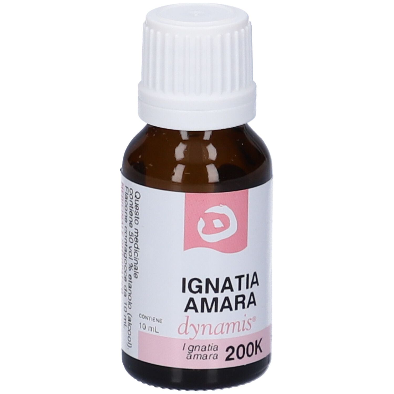 Flacone di vetro marrone con tappo bianco. Etichetta con testo e accenti rosa. Contiene 10 ml.