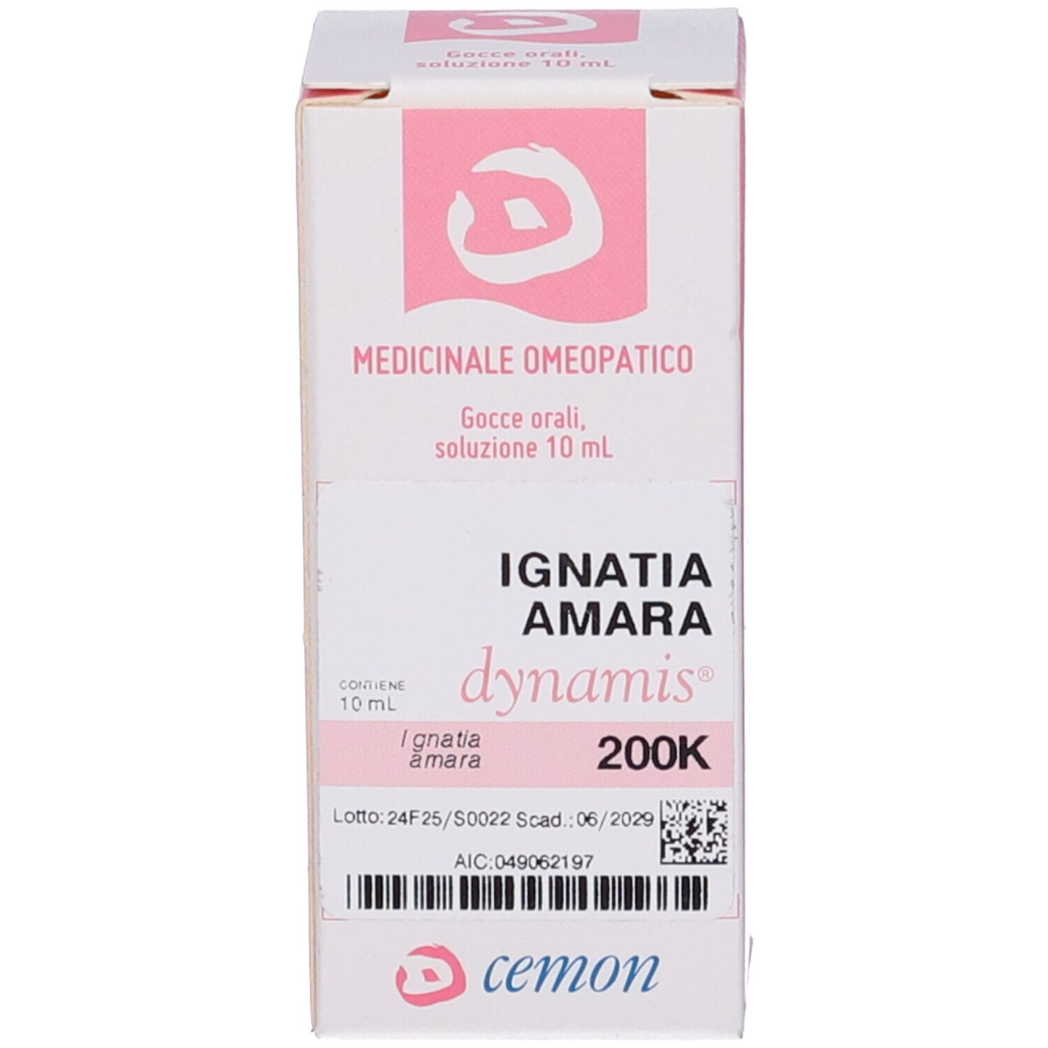 Confezione e flacone. Scatola bianca con accenti rosa. Flacone di vetro marrone con tappo bianco.