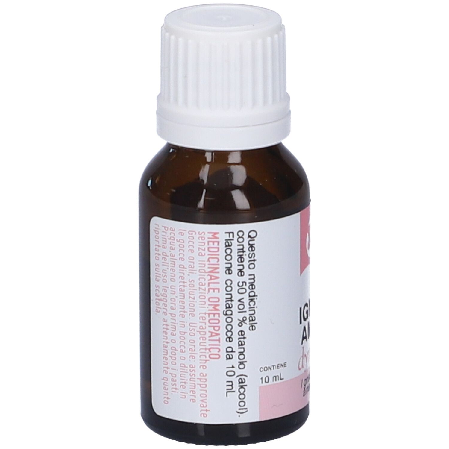 Flacone di vetro marrone con tappo bianco. Etichetta con informazioni sul prodotto e logo. Contiene 10 ml.