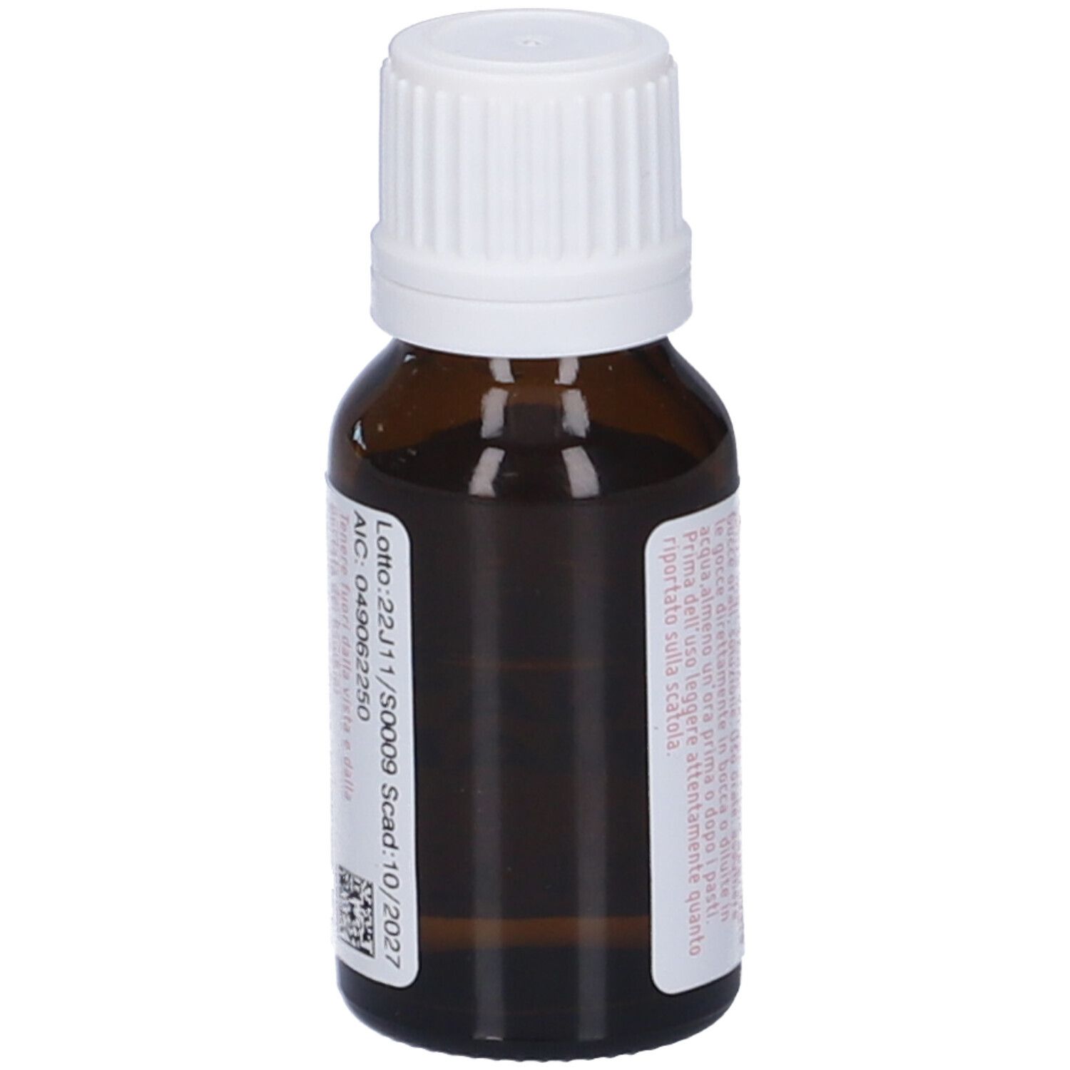 Flacone di vetro marrone con tappo bianco. Etichetta con numero di lotto e data di scadenza. Contiene 10 ml.