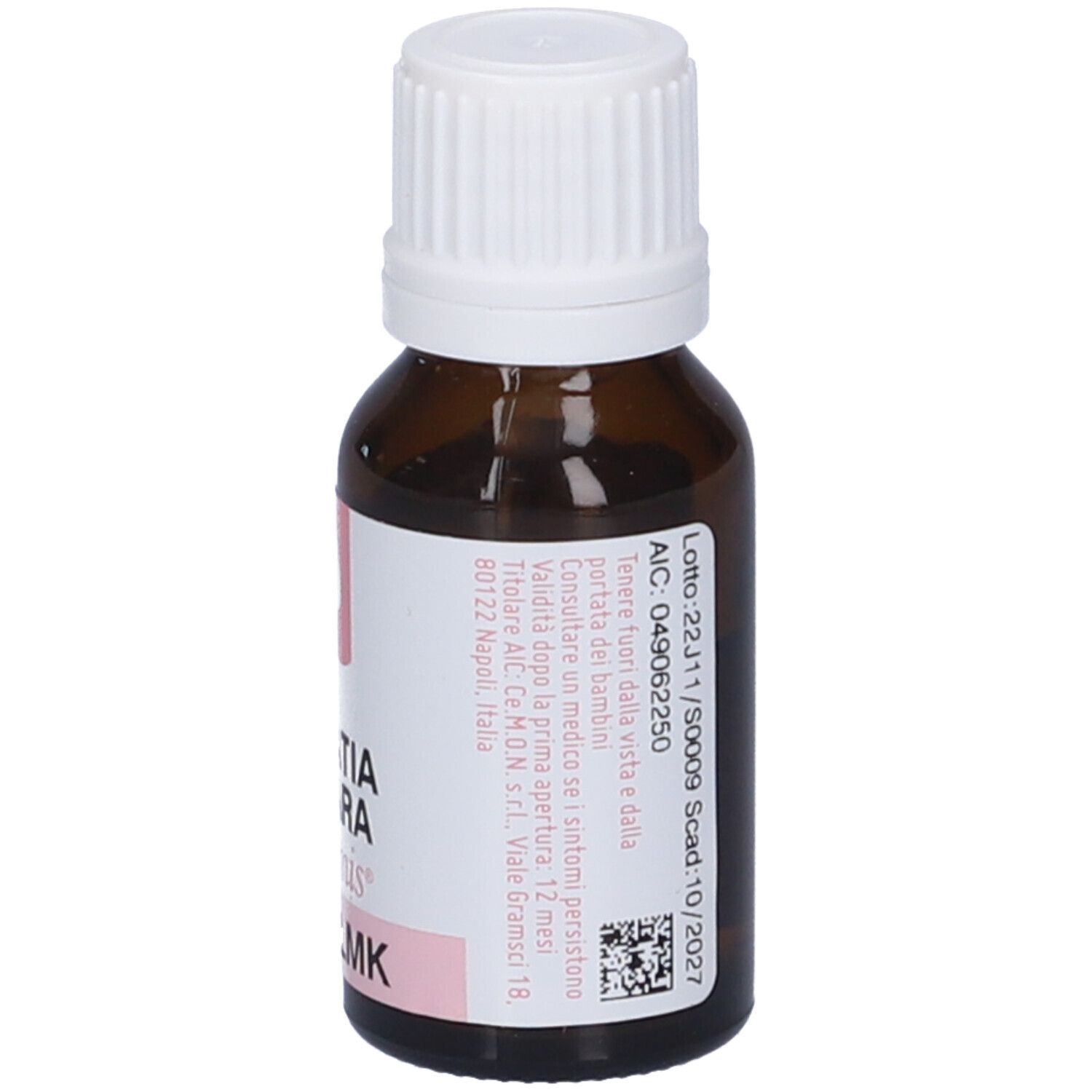 Flacone di vetro marrone con tappo bianco. Etichetta con informazioni sul prodotto e numero di lotto. Contiene 10 ml.