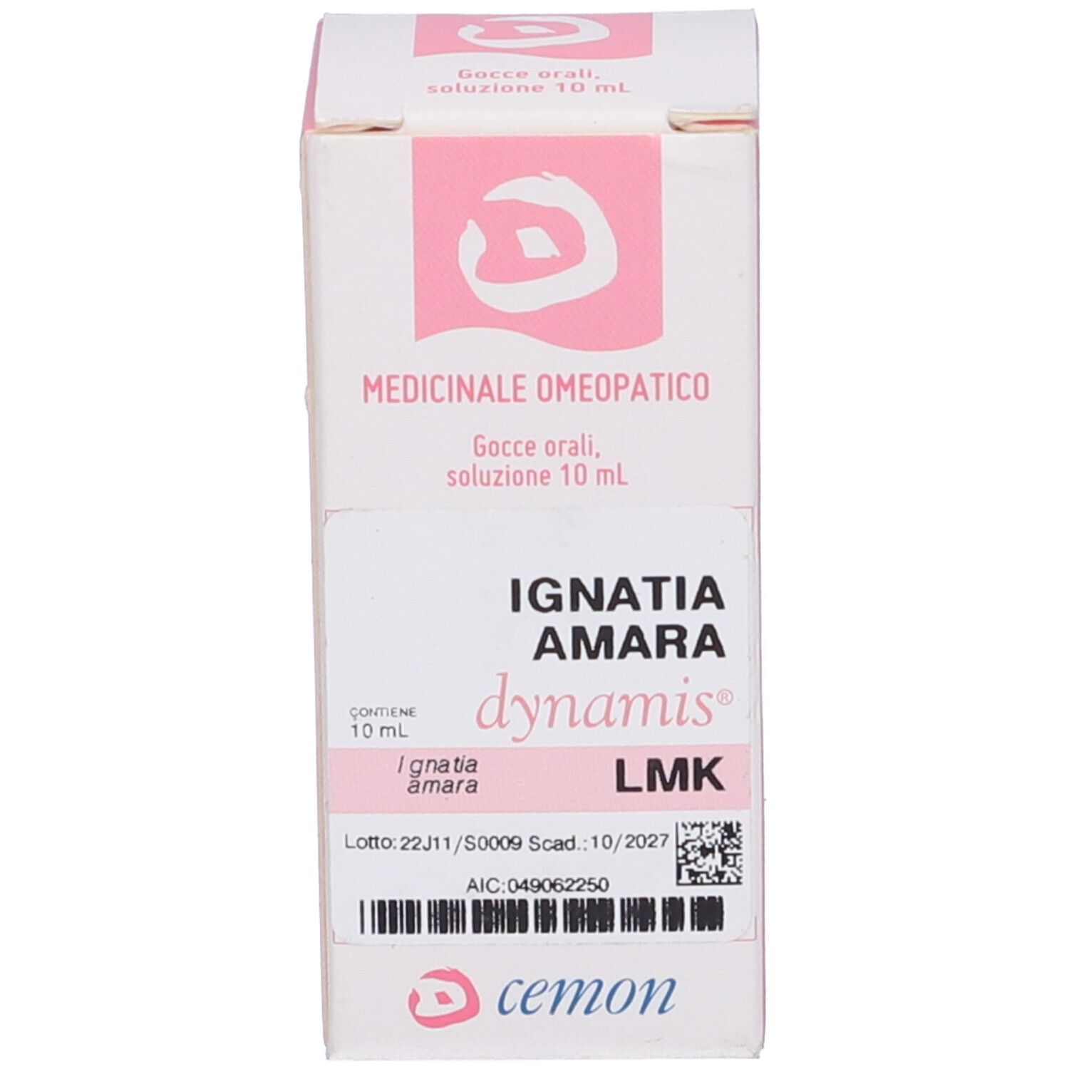 Confezione del prodotto. Scatola con informazioni sul prodotto e logo. Contiene 10 ml.