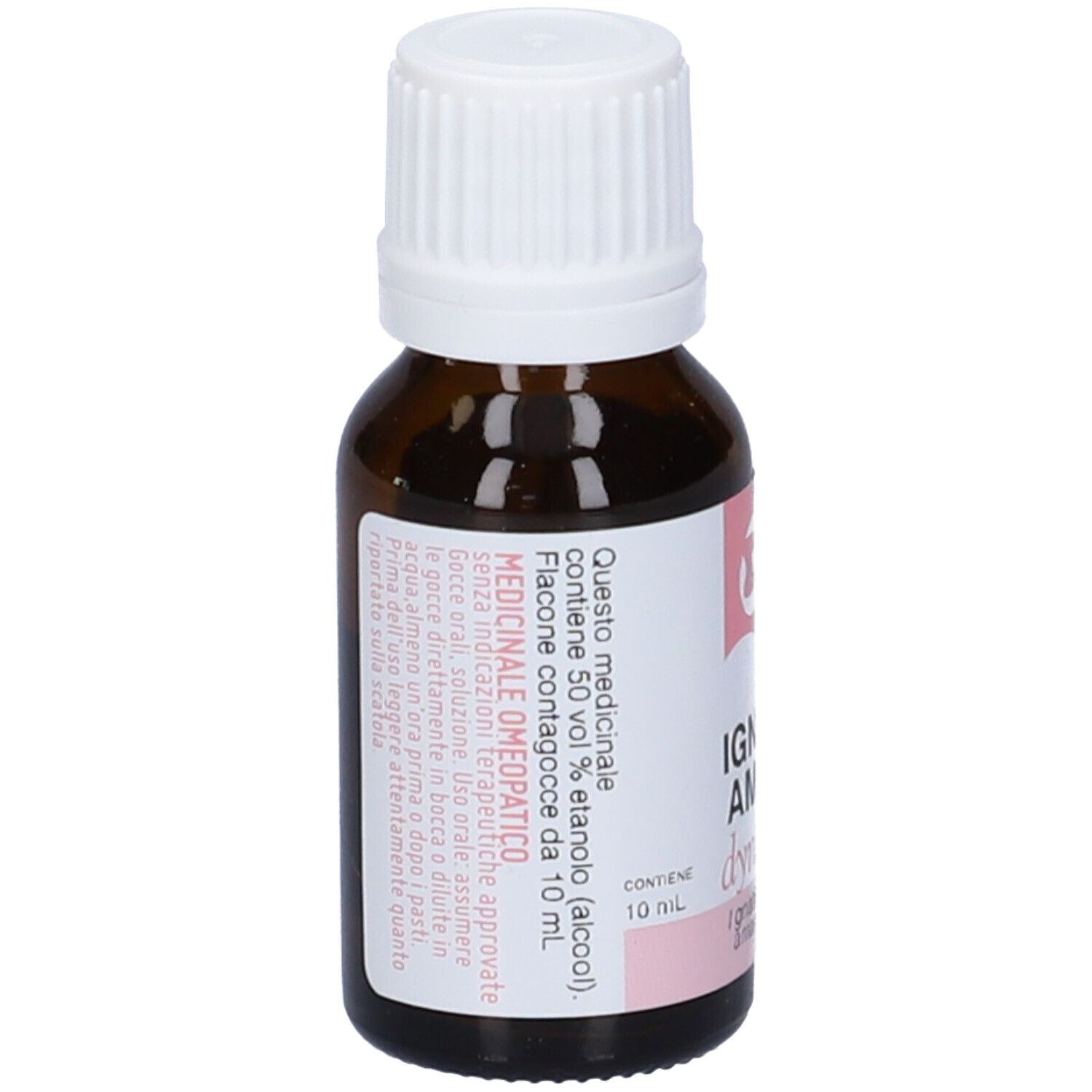 Flacone di vetro marrone con tappo bianco. Etichetta con testo e accenti rosa. Contiene 50% etanolo.