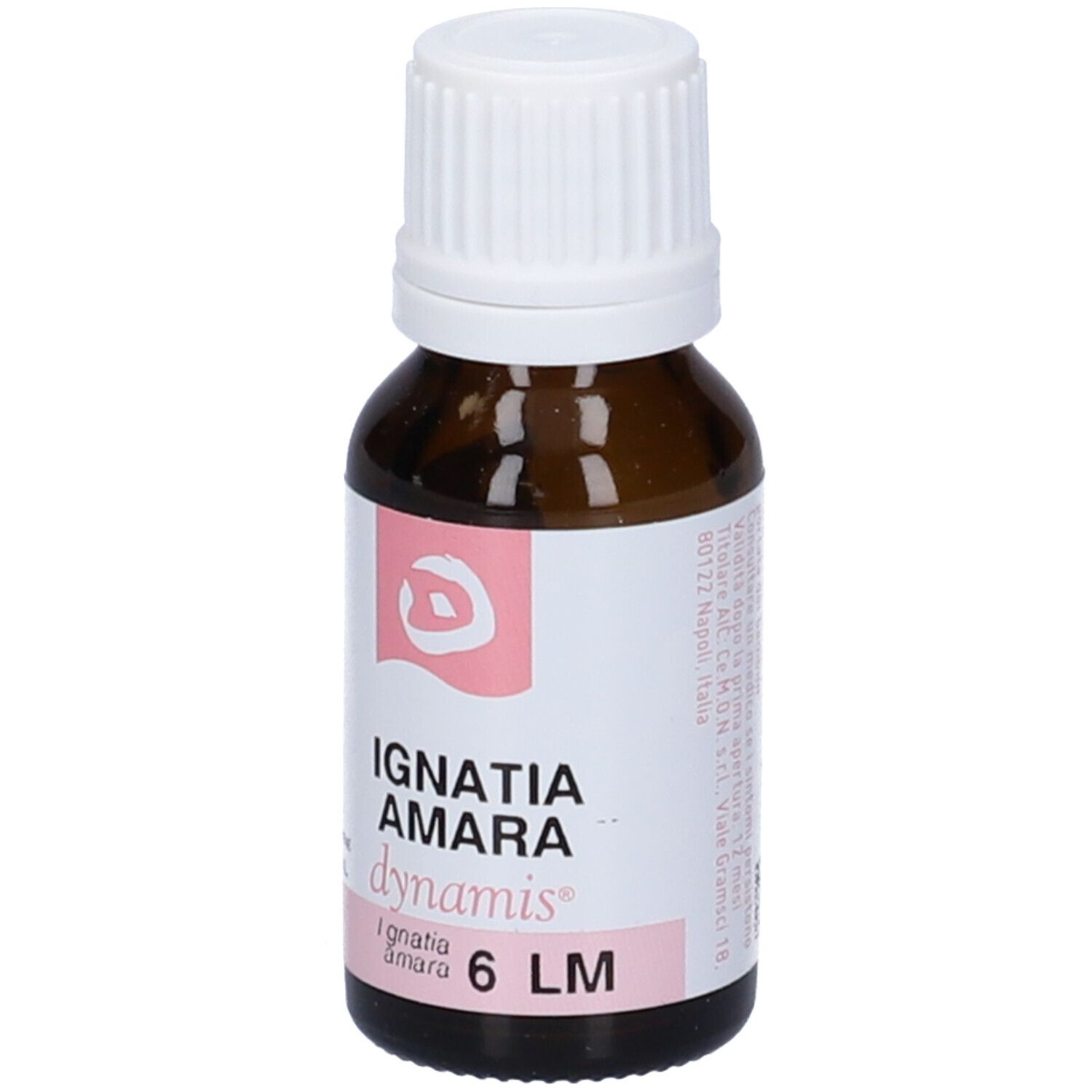 Flacone di vetro marrone con tappo bianco. Etichetta rosa con testo: Ignatia Amara dynamis 6 LM.