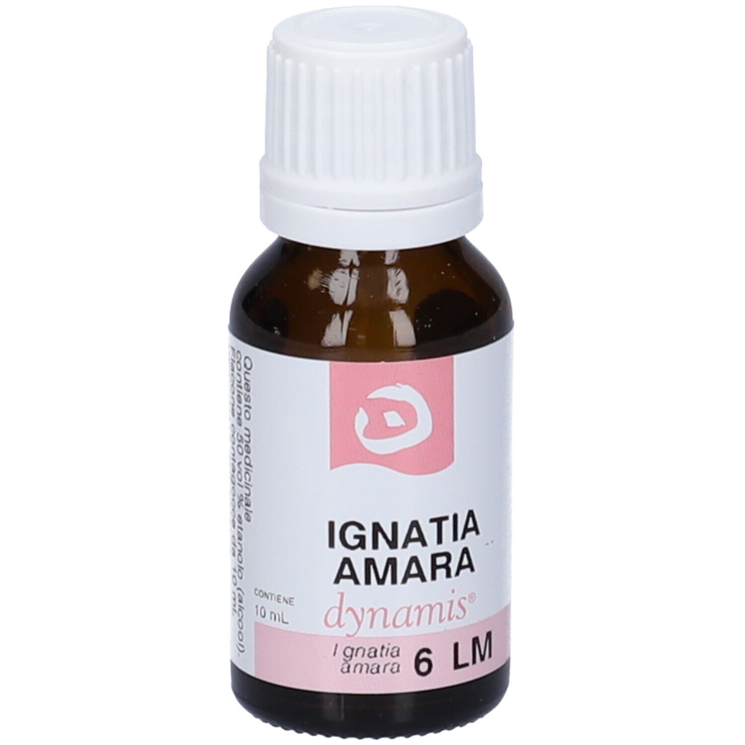 Flacone di vetro marrone con tappo bianco. Etichetta rosa con testo: Ignatia Amara dynamis 6 LM.