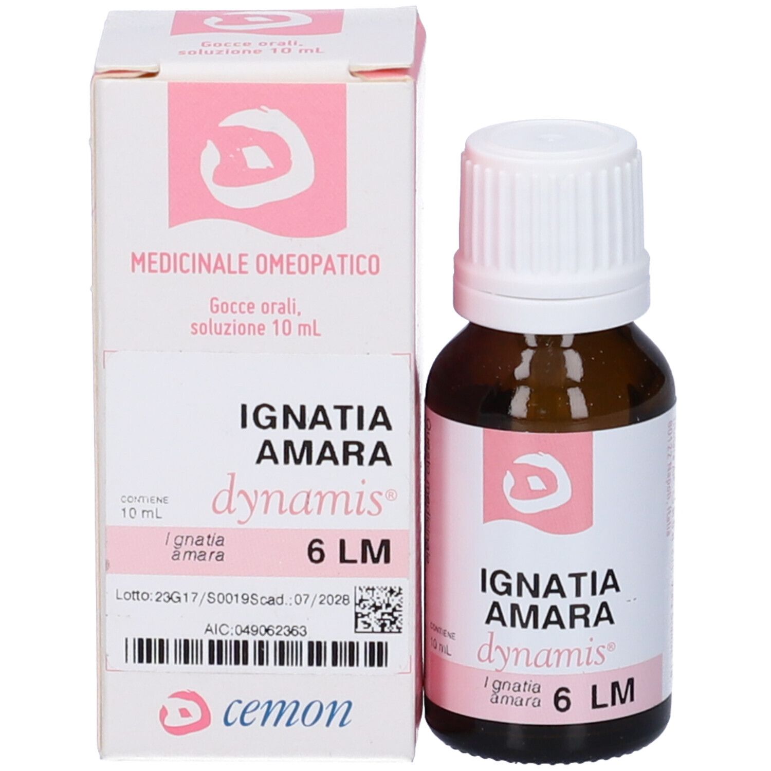 Flacone di vetro marrone e scatola. Sulla scatola: Ignatia Amara dynamis 6 LM. Logo Cemon.