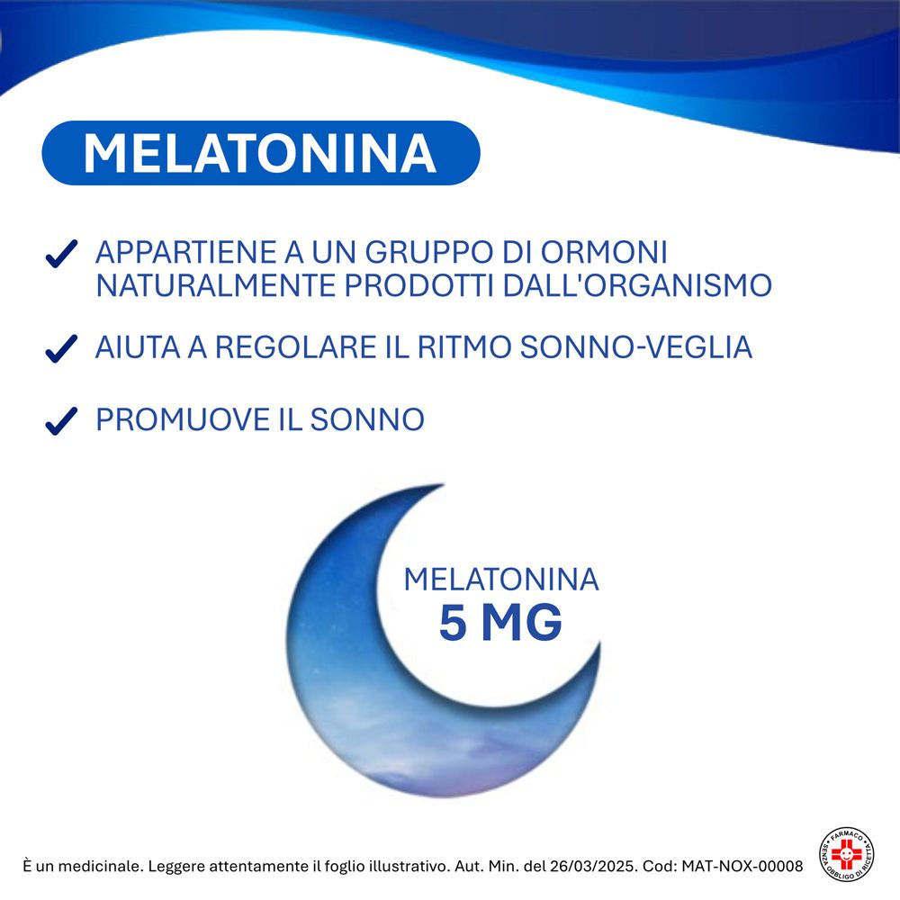 Informazioni sulla melatonina. Testo con punti elenco. Simbolo della luna con 5 mg.