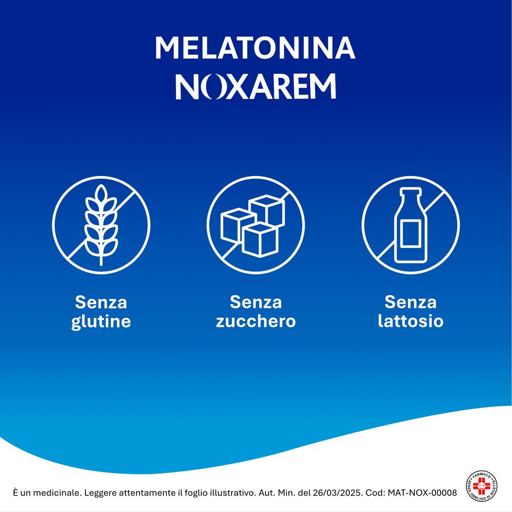 Melatonina Noxarem. Simboli: senza glutine, senza zucchero, senza lattosio.