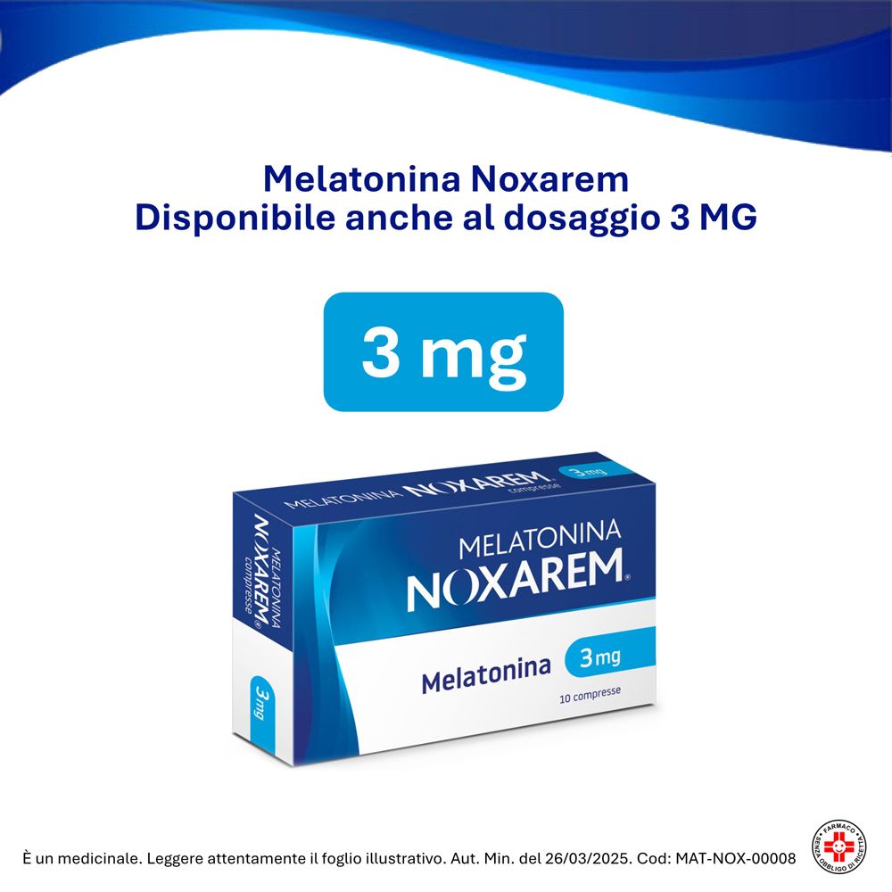 Melatonina Noxarem 3 mg. Scatola con informazioni sul prodotto e 3 mg.