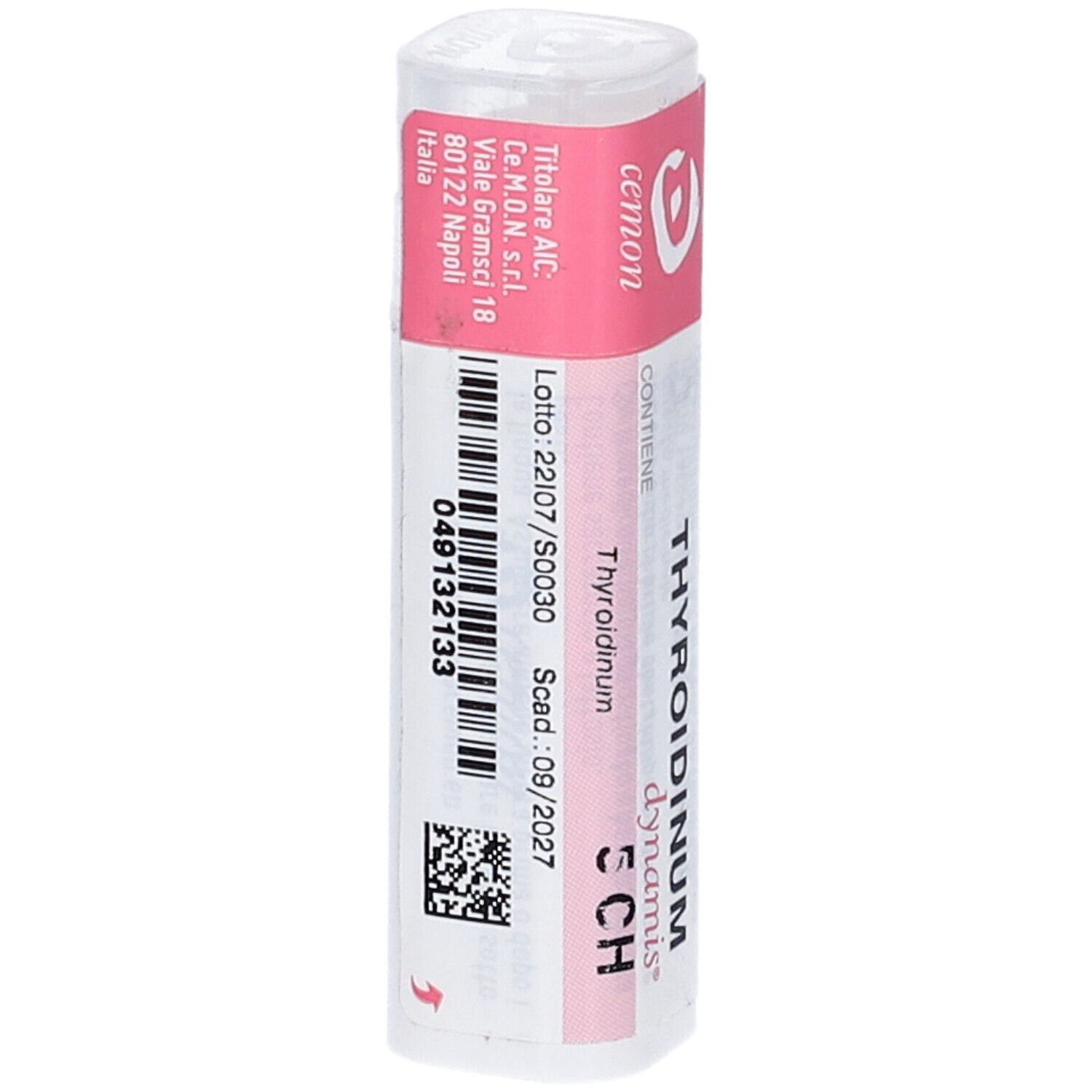Flacone cilindrico con etichetta rosa. Contiene granuli. Scritta: THYROIDINUM dynamis 5 CH. Produttore: Cemon. Numero di lotto e scadenza.