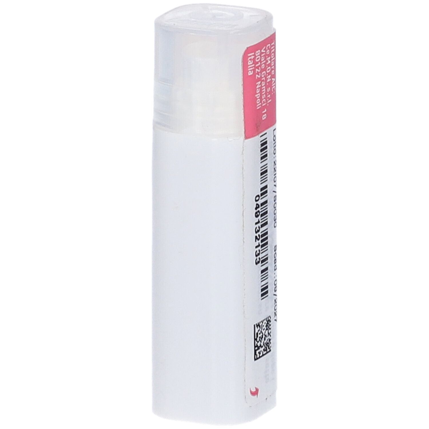 Flacone cilindrico bianco con etichetta rosa. Contiene granuli. Informazioni del produttore e numero di lotto visibili.