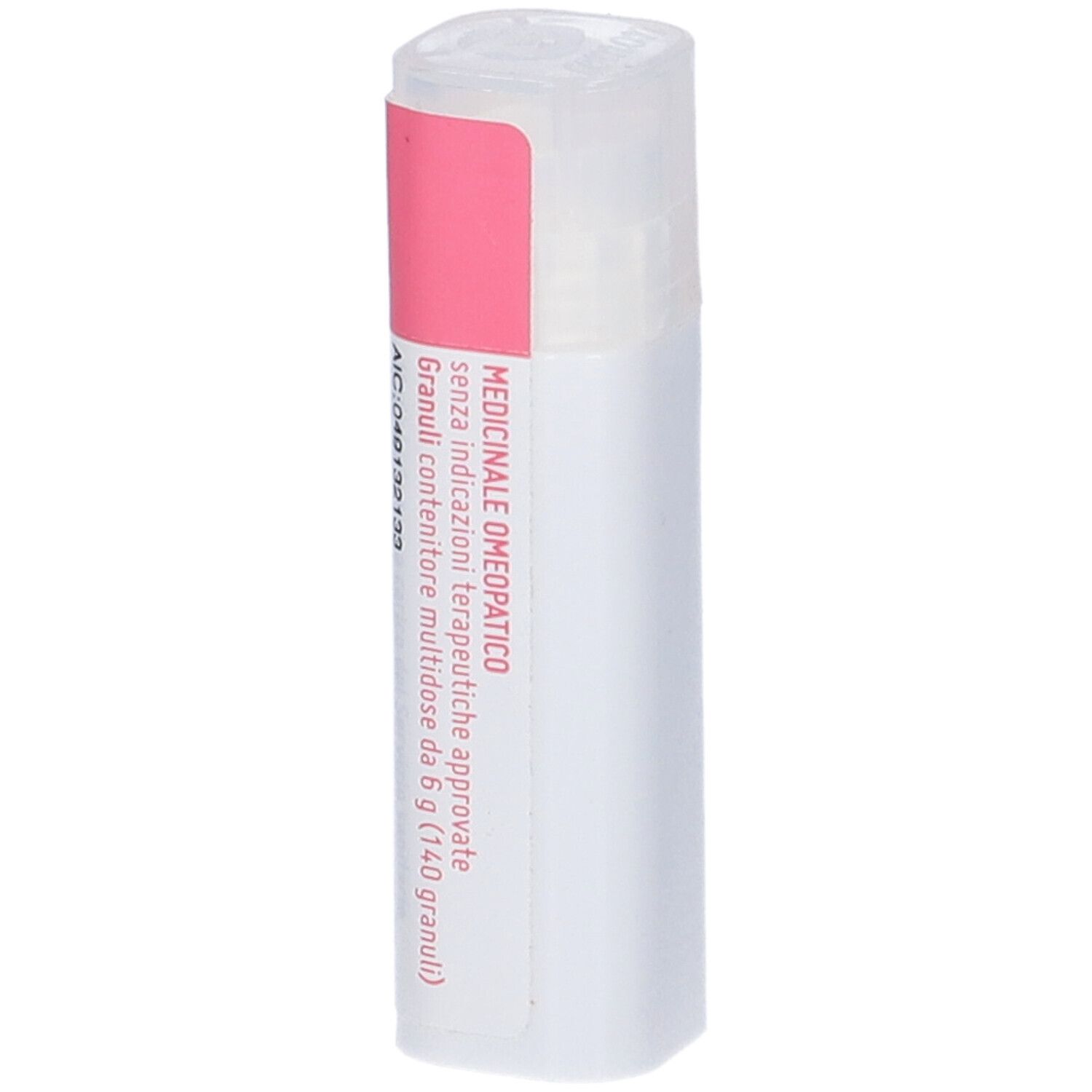 Flacone cilindrico bianco con etichetta rosa. Contiene granuli. Scritta: MEDICINALE OMEOPATICO. Informazioni del produttore.