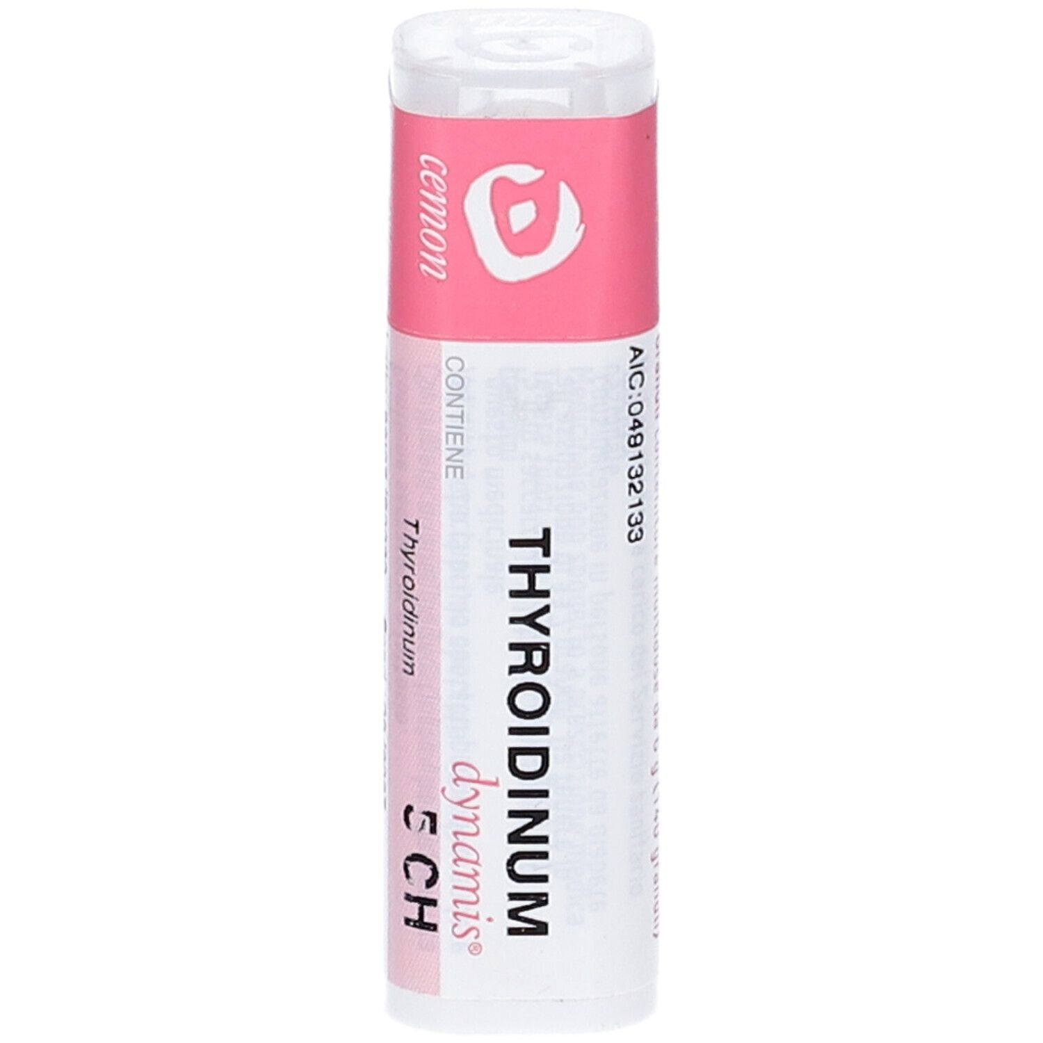 Flacone cilindrico con etichetta rosa. Contiene granuli. Scritta: THYROIDINUM dynamis 5 CH. Produttore: Cemon.