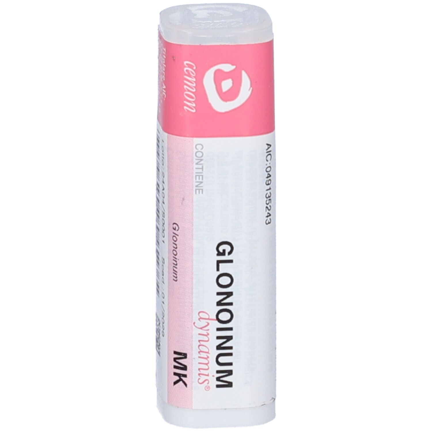 Flacone cilindrico con etichetta rosa e bianca. Scritta: Glonoinum dynamis MK. Marchio: Cemon. Contiene granuli.