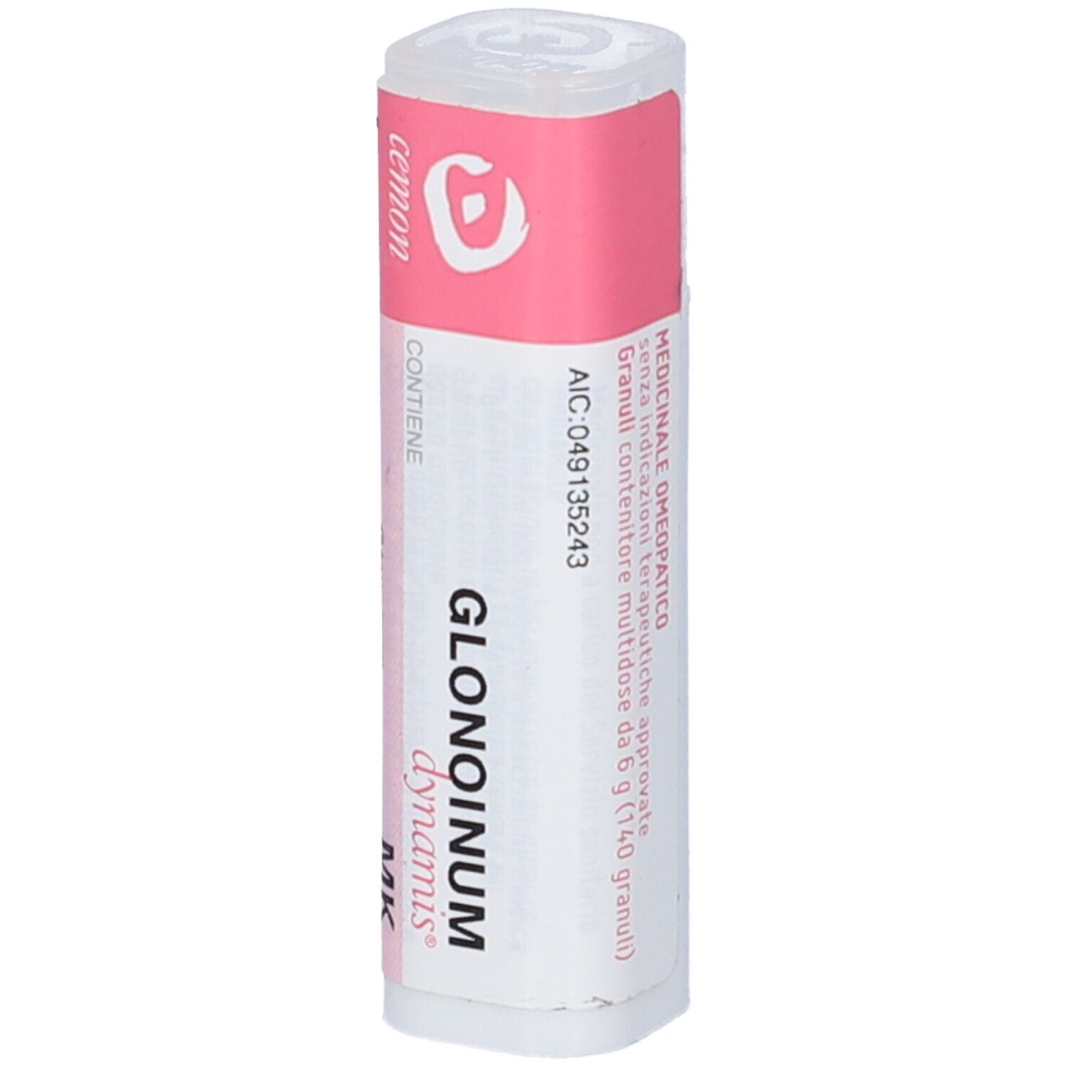 Flacone cilindrico con etichetta rosa e bianca. Scritta: Glonoinum dynamis MK. Marchio: Cemon. Contiene granuli.