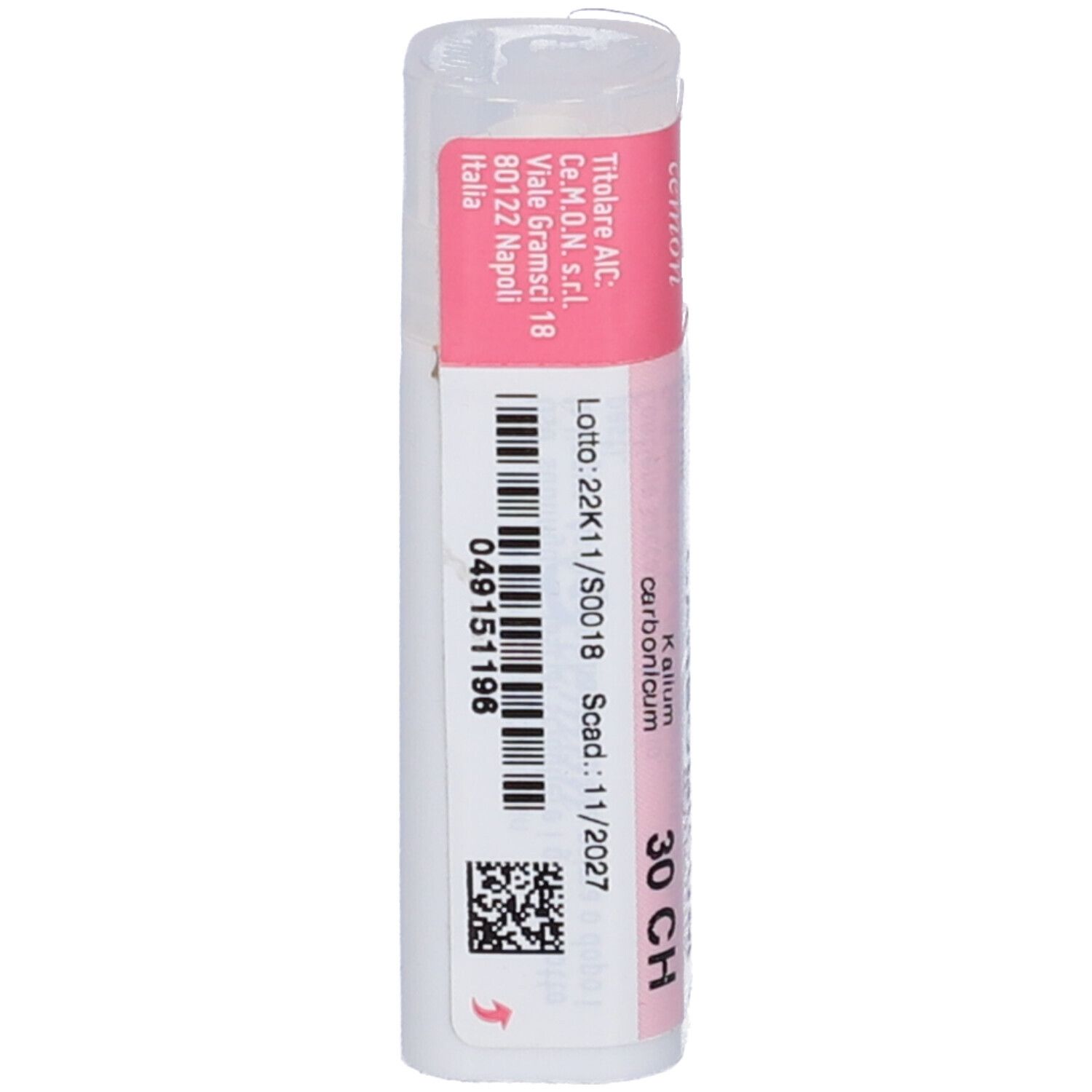 Retro della confezione multidose. Visibili codice a barre, numero di lotto, data di scadenza e indirizzo del produttore.