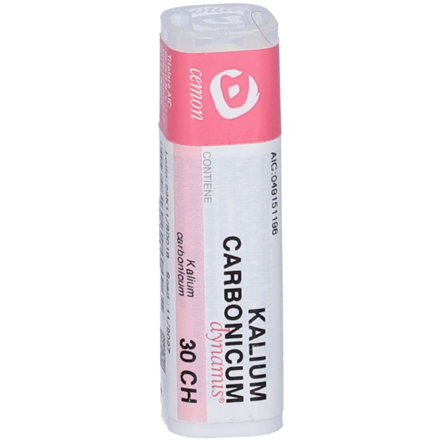 Confezione multidose cilindrica con etichetta rosa. Scritta: Kalium Carbonicum dynamis 30 CH. Contiene granuli.