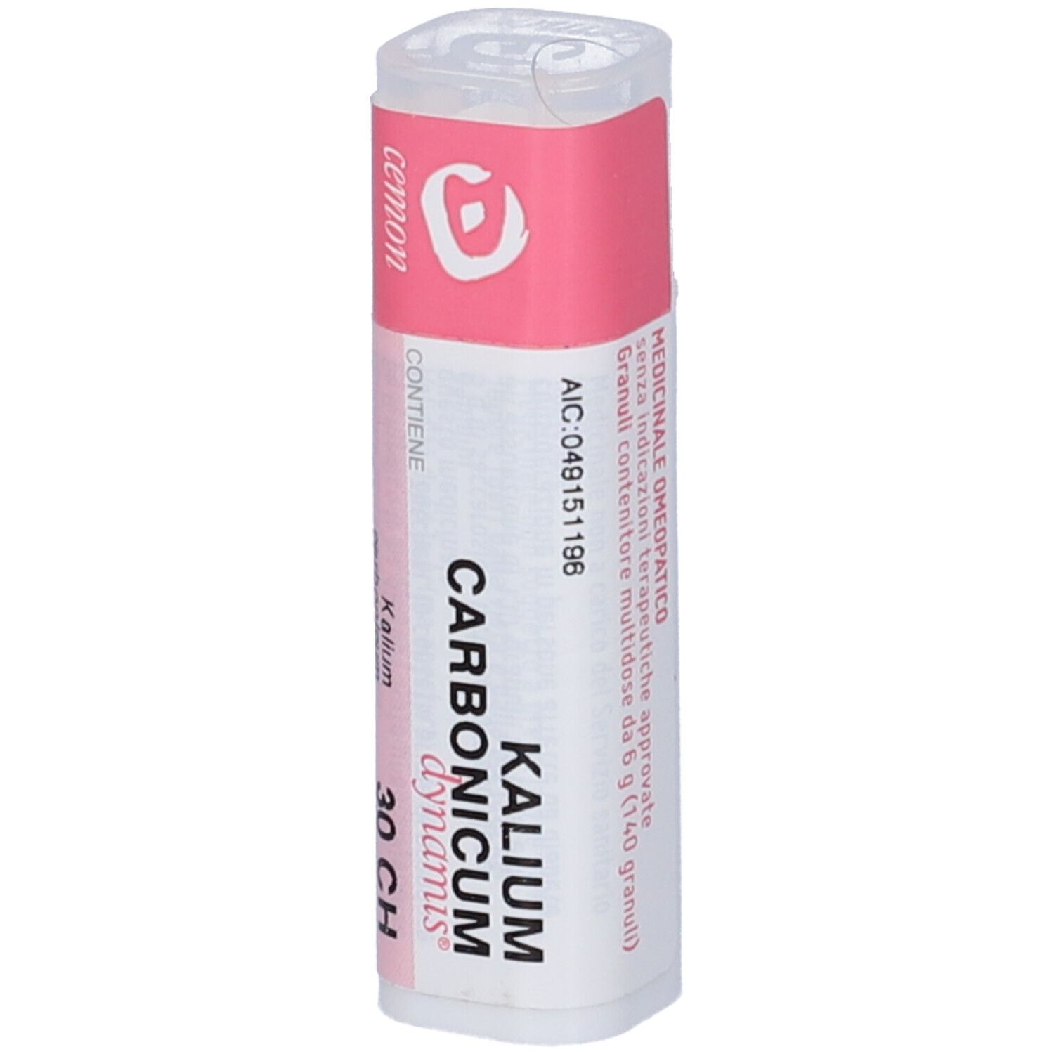 Confezione multidose cilindrica con etichetta rosa. Scritta: Kalium Carbonicum dynamis 30 CH. Contiene granuli.