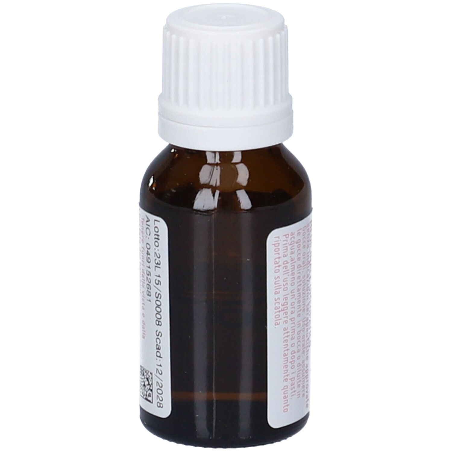 Flacone di vetro marrone con tappo bianco. Etichetta con informazioni e numero di lotto. Accenti rosa.