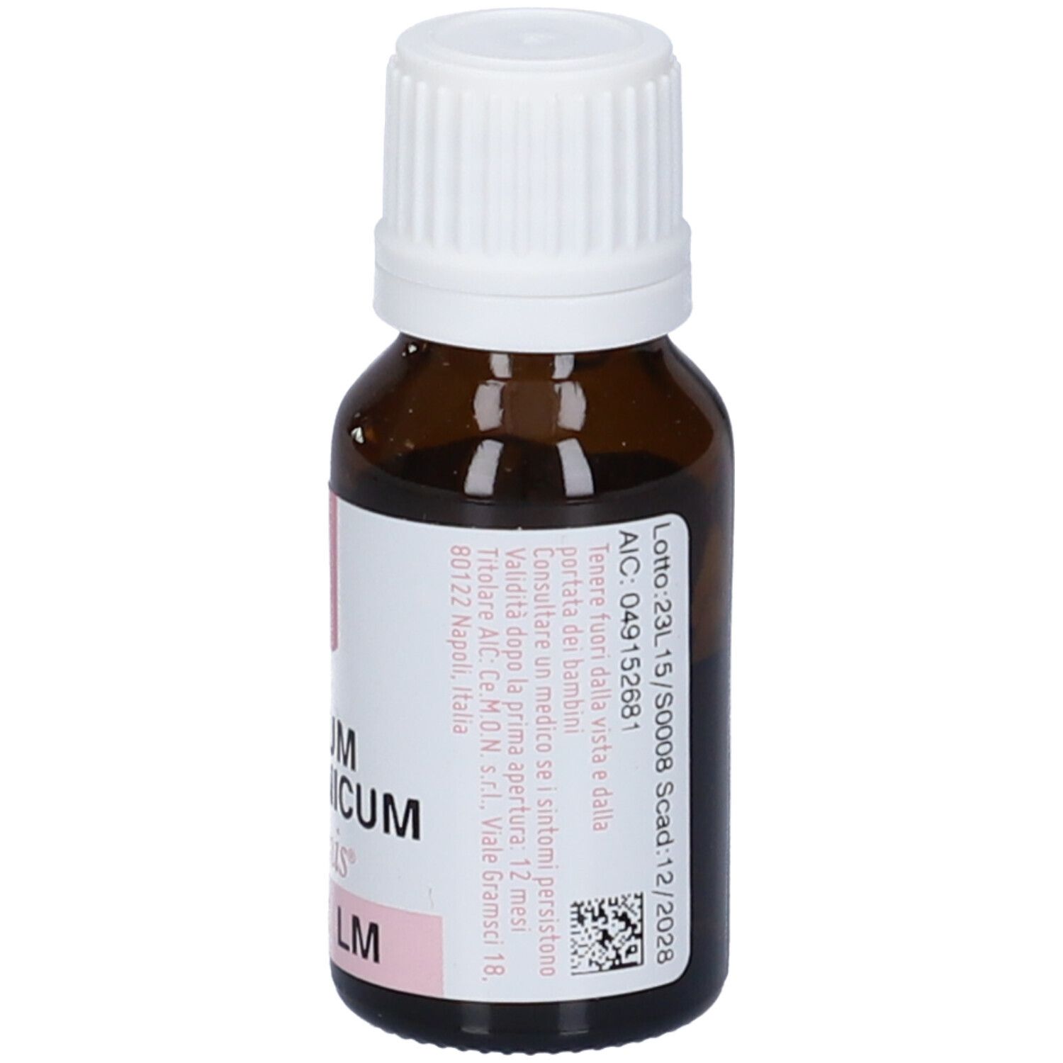 Flacone di vetro marrone con tappo bianco. Etichetta con informazioni, lotto e scadenza. Accenti rosa.