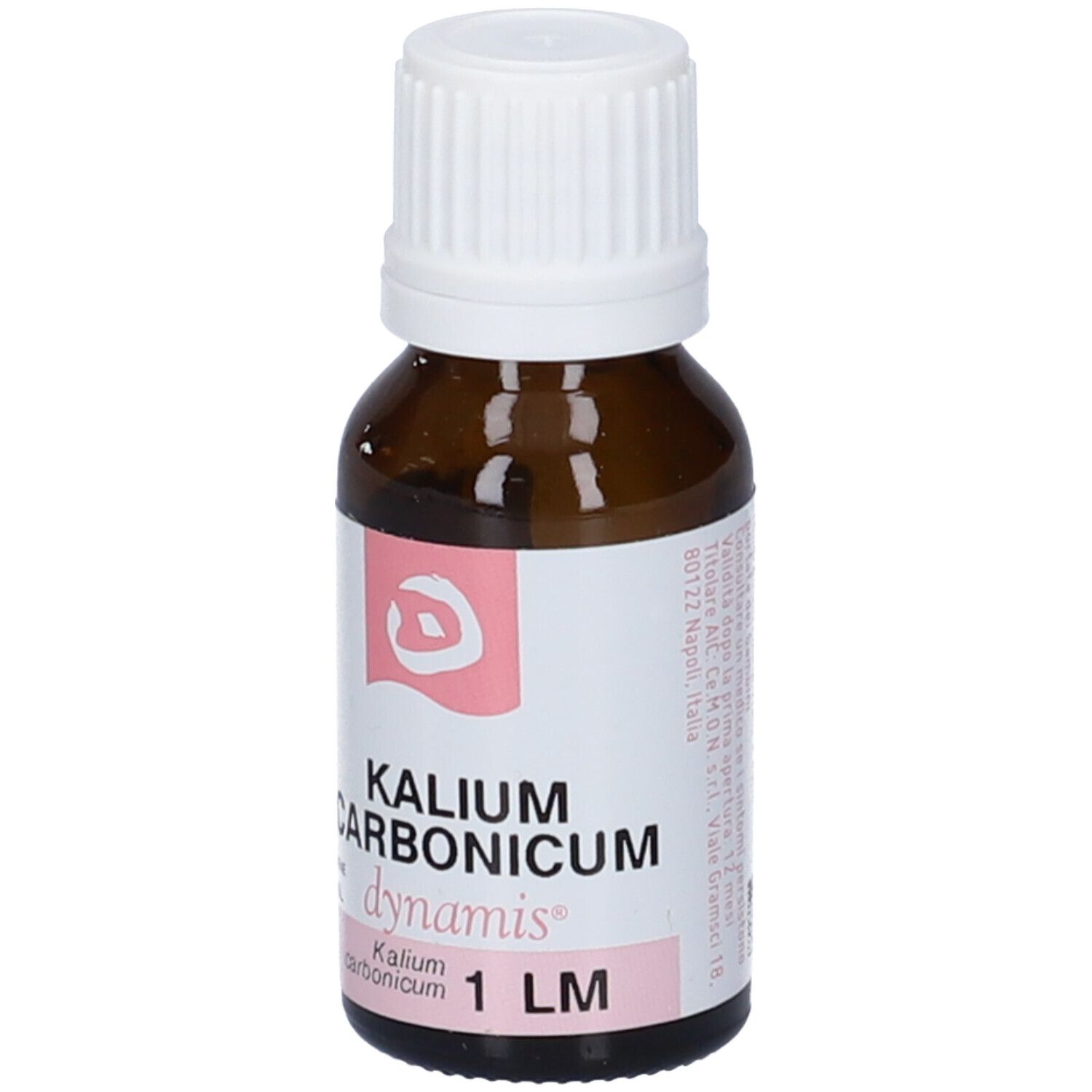 Flacone di vetro marrone con tappo bianco. Etichetta con nome del prodotto e logo. Accenti rosa.