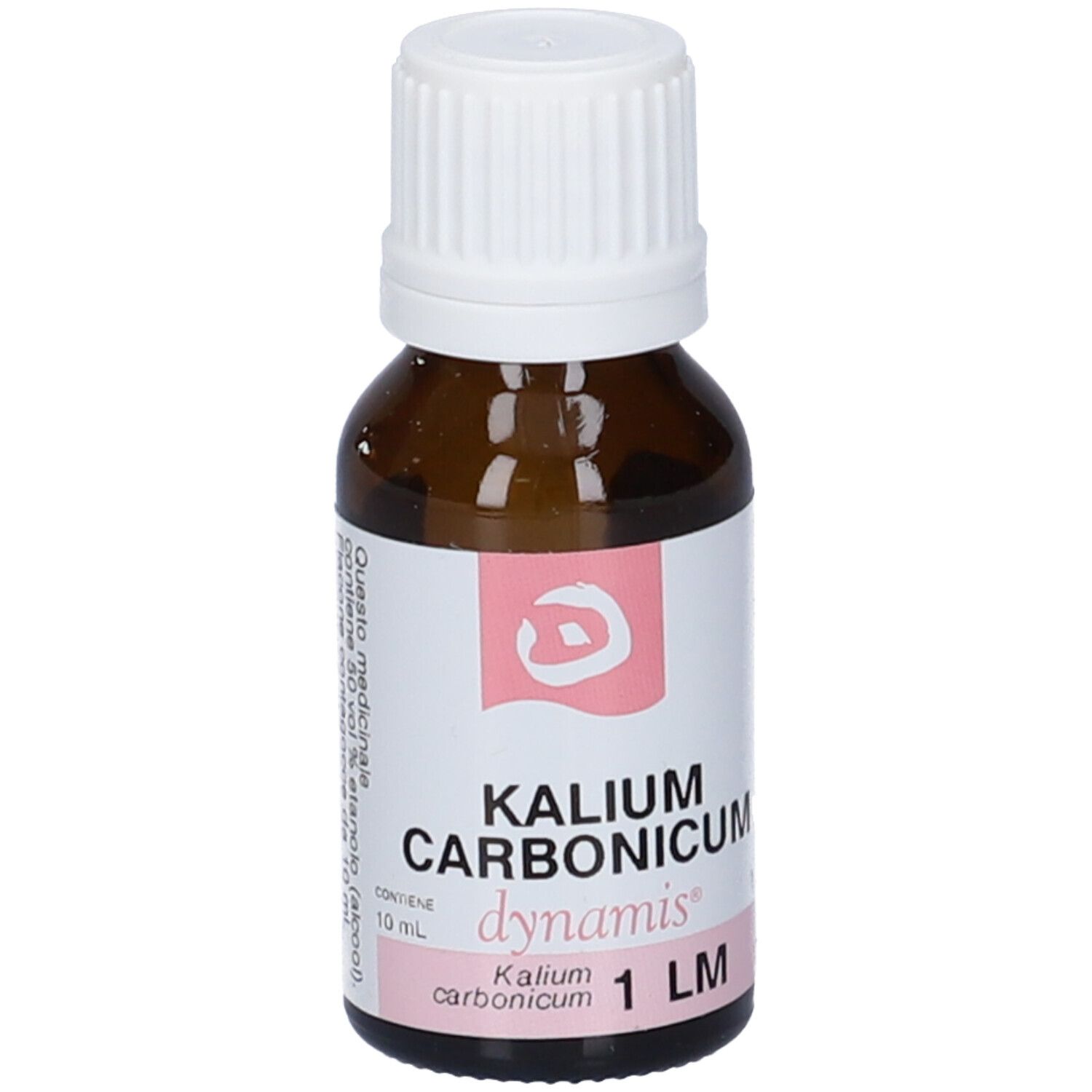 Flacone di vetro marrone con tappo bianco. Etichetta con informazioni e logo. Accenti rosa.