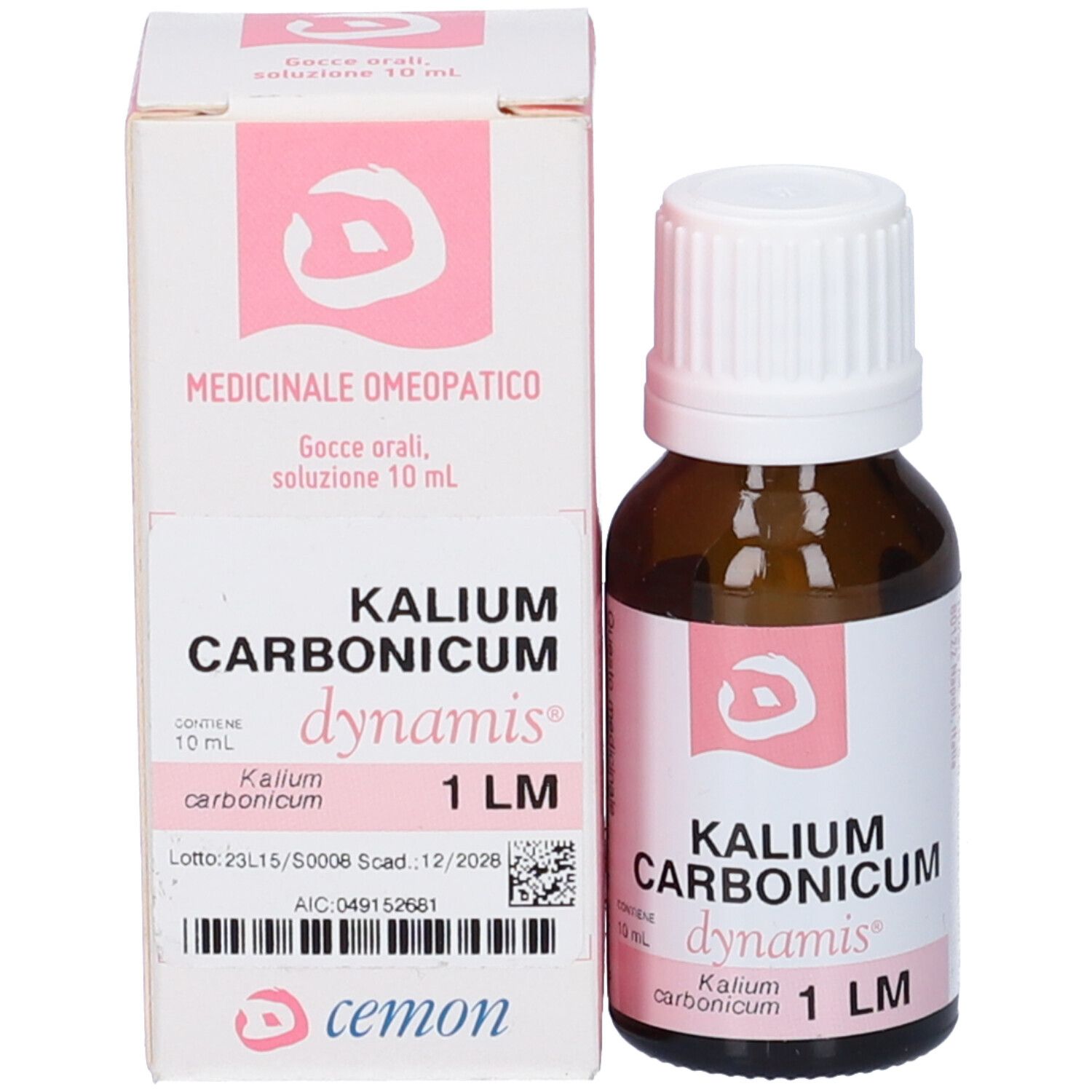 Flacone e scatola di vetro marrone. Flacone con tappo bianco. Scatola con nome del prodotto e logo. Accenti rosa.