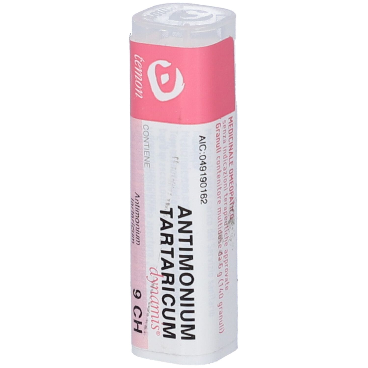 Contenitore multidose cilindrico con etichetta rosa. Scritta: Antimonium Tartaricum dynamis 9 CH. Marchio: Cemon.