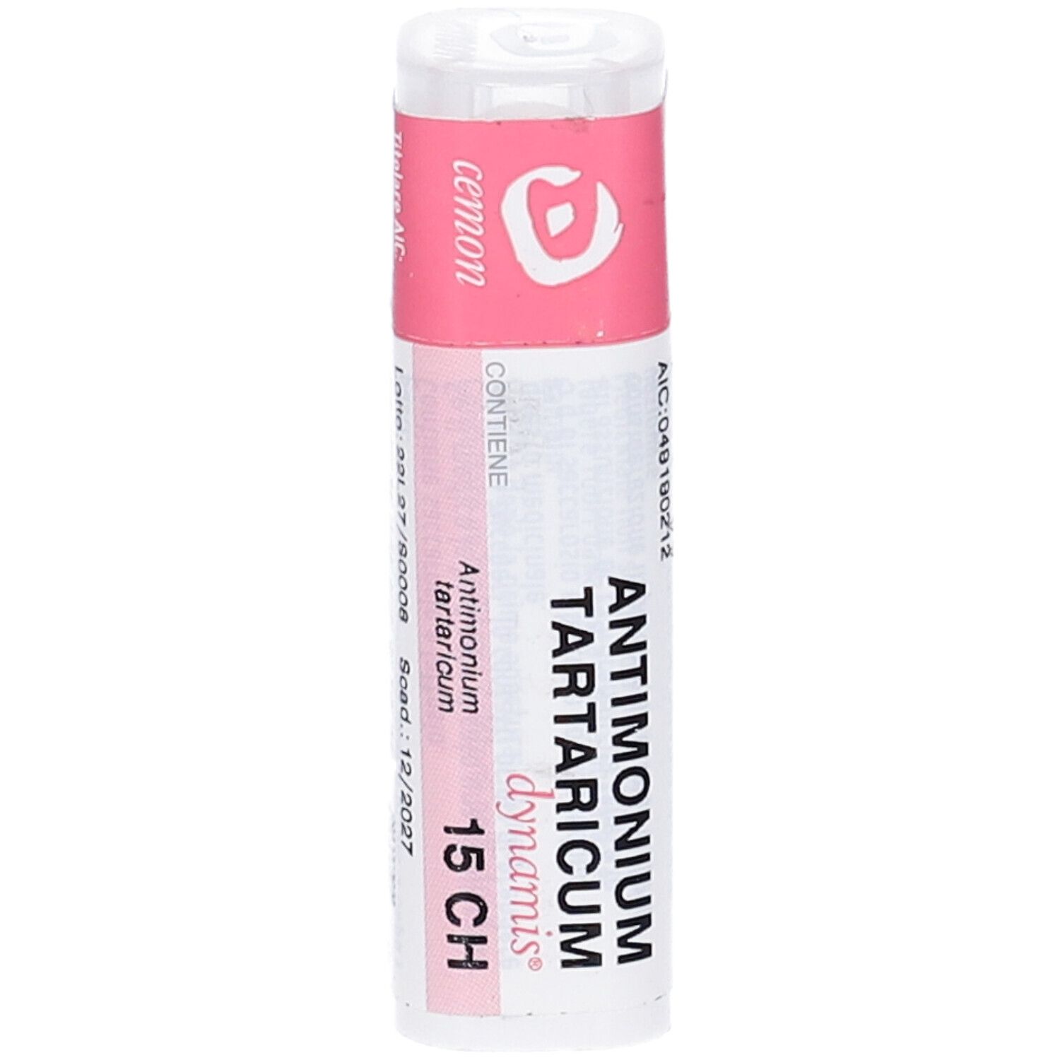 Flacone cilindrico con etichetta rosa. Scritta: ANTIMONIUM TARTARICUM dynamis 15 CH. Marchio: cemon.