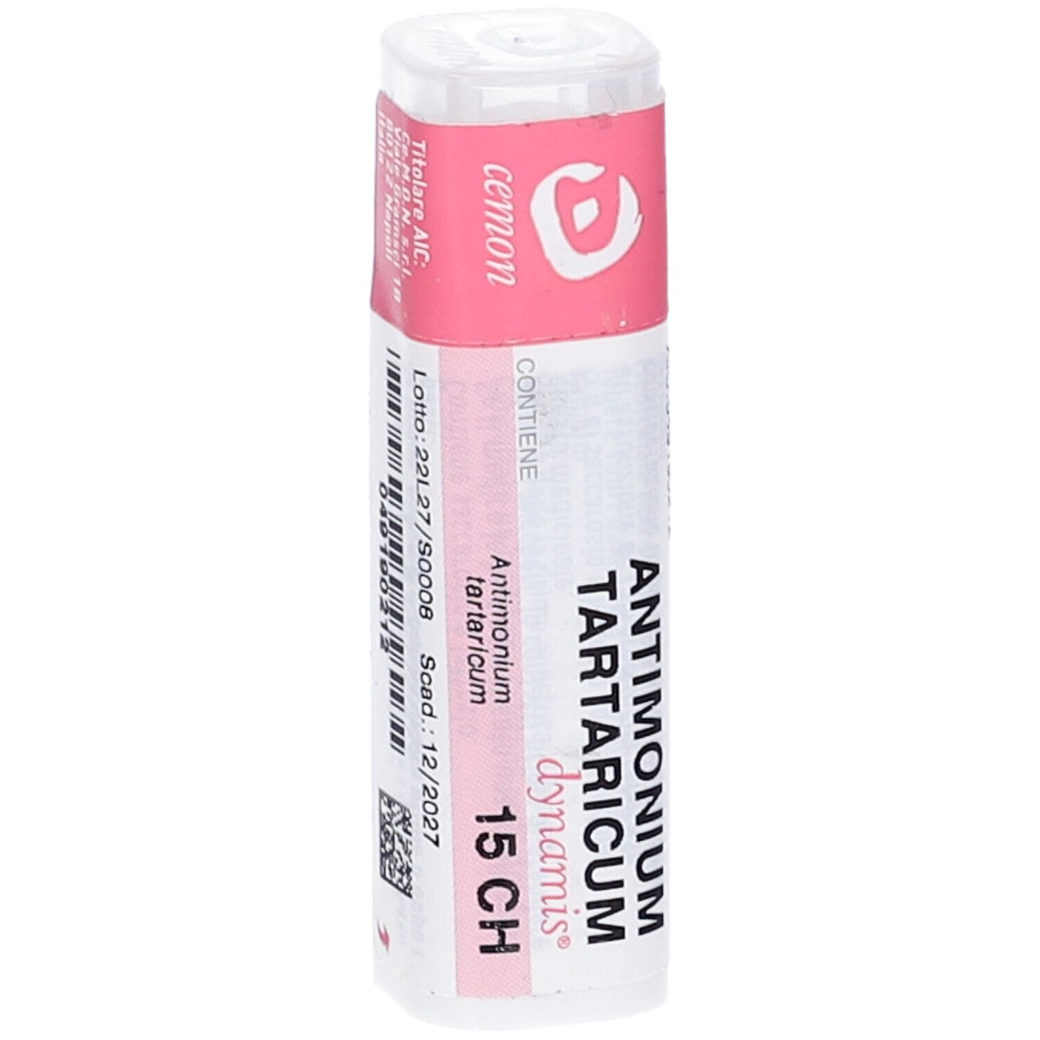 Flacone cilindrico con etichetta rosa. Scritta: ANTIMONIUM TARTARICUM dynamis 15 CH. Marchio: cemon.