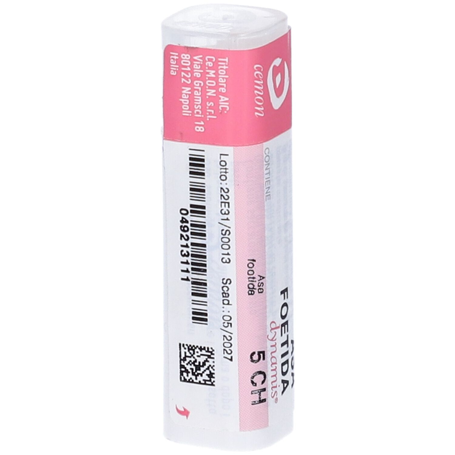 Flacone cilindrico con etichetta rosa. Scritta: Asa Foetida Dynamis 5 CH. Contiene 140 granuli. Marchio: Cemon. Con numero di lotto e scadenza.