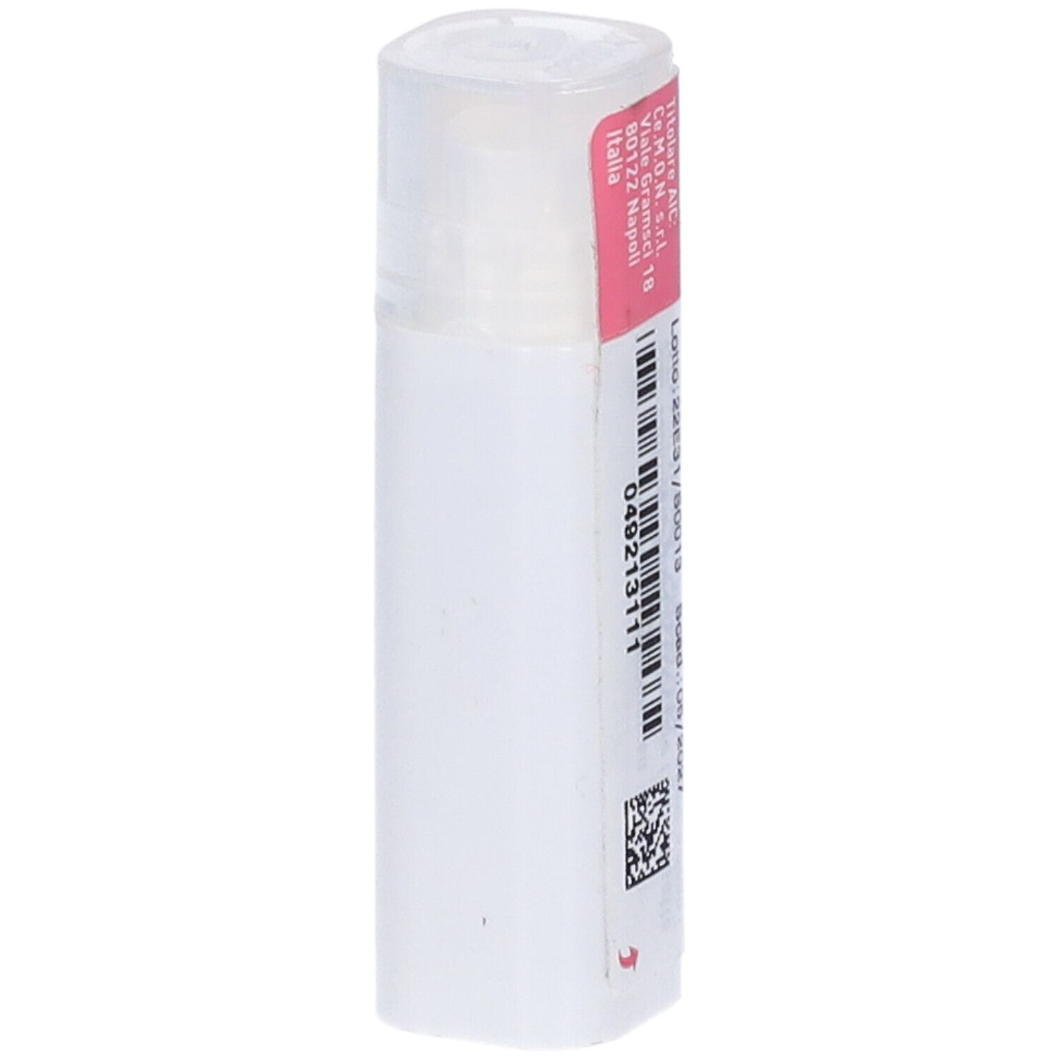 Flacone cilindrico con etichetta rosa. Scritta: Asa Foetida Dynamis 5 CH. Contiene 140 granuli. Marchio: Cemon. Dettaglio delle etichette.