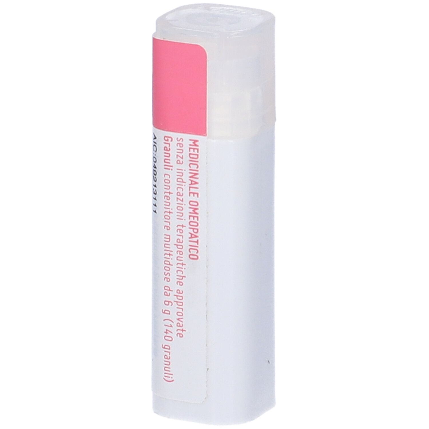 Flacone cilindrico con etichetta rosa. Scritta: Asa Foetida Dynamis 5 CH. Contiene 140 granuli. Marchio: Cemon. Primo piano.