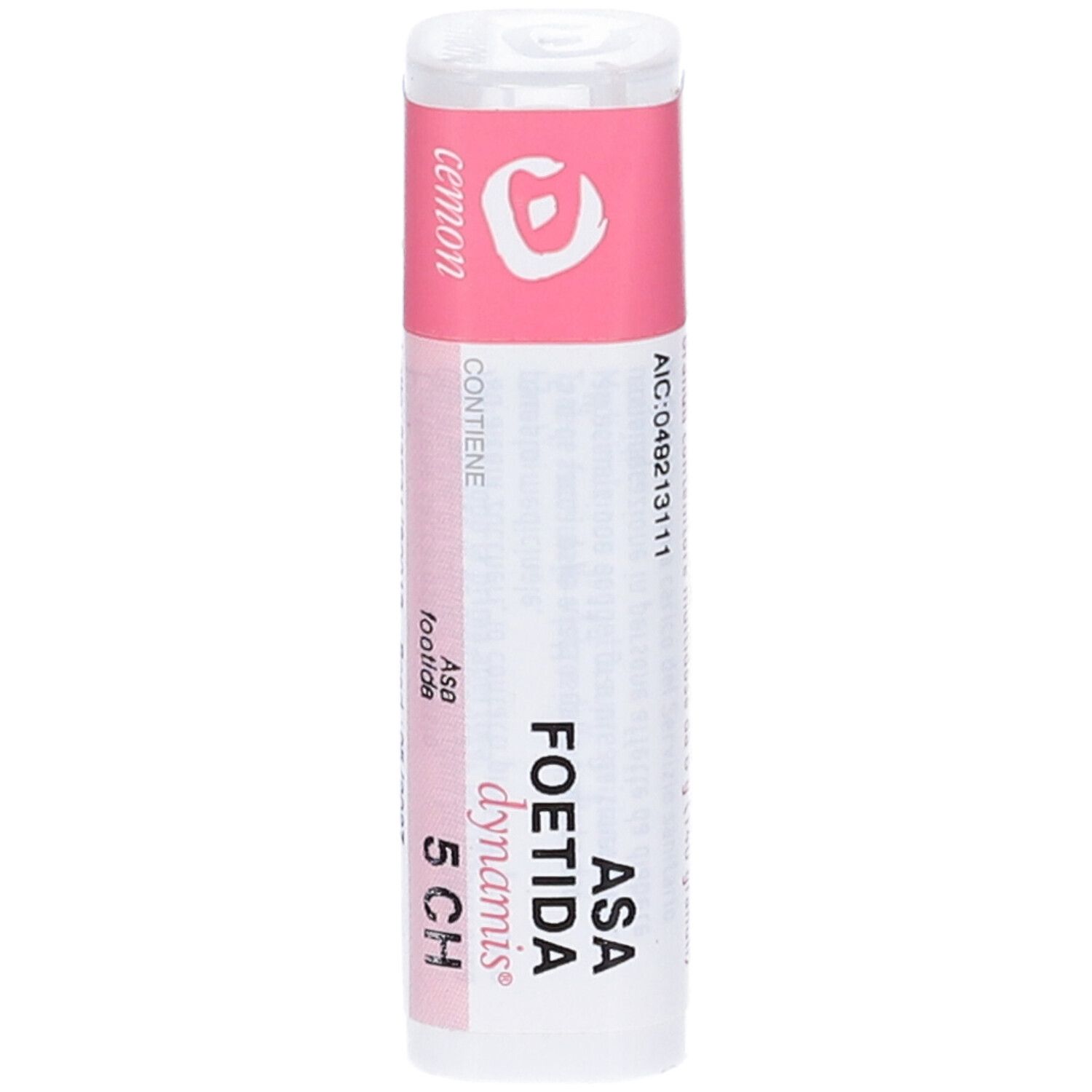 Flacone cilindrico con etichetta rosa. Scritta: Asa Foetida Dynamis 5 CH. Contiene 140 granuli. Marchio: Cemon.