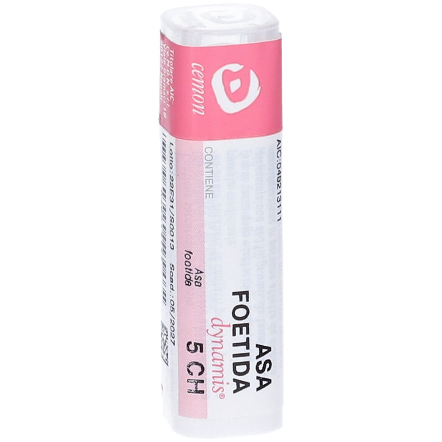 Flacone cilindrico con etichetta rosa. Scritta: Asa Foetida Dynamis 5 CH. Contiene 140 granuli. Marchio: Cemon. Dettaglio delle etichette.